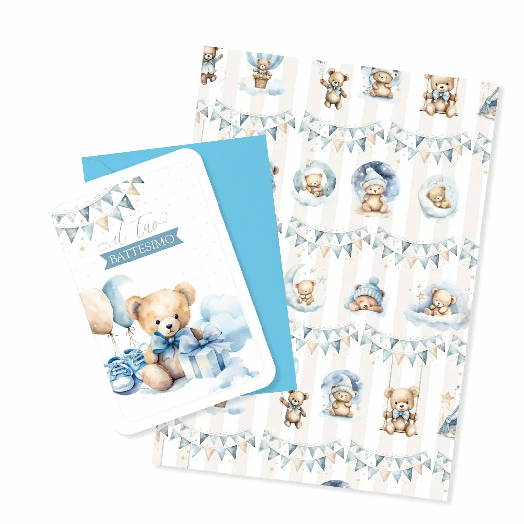 Set Battesimo Biglietto e Carta da Regalo Orsetto Blu 16x12 cm 100x70 cm