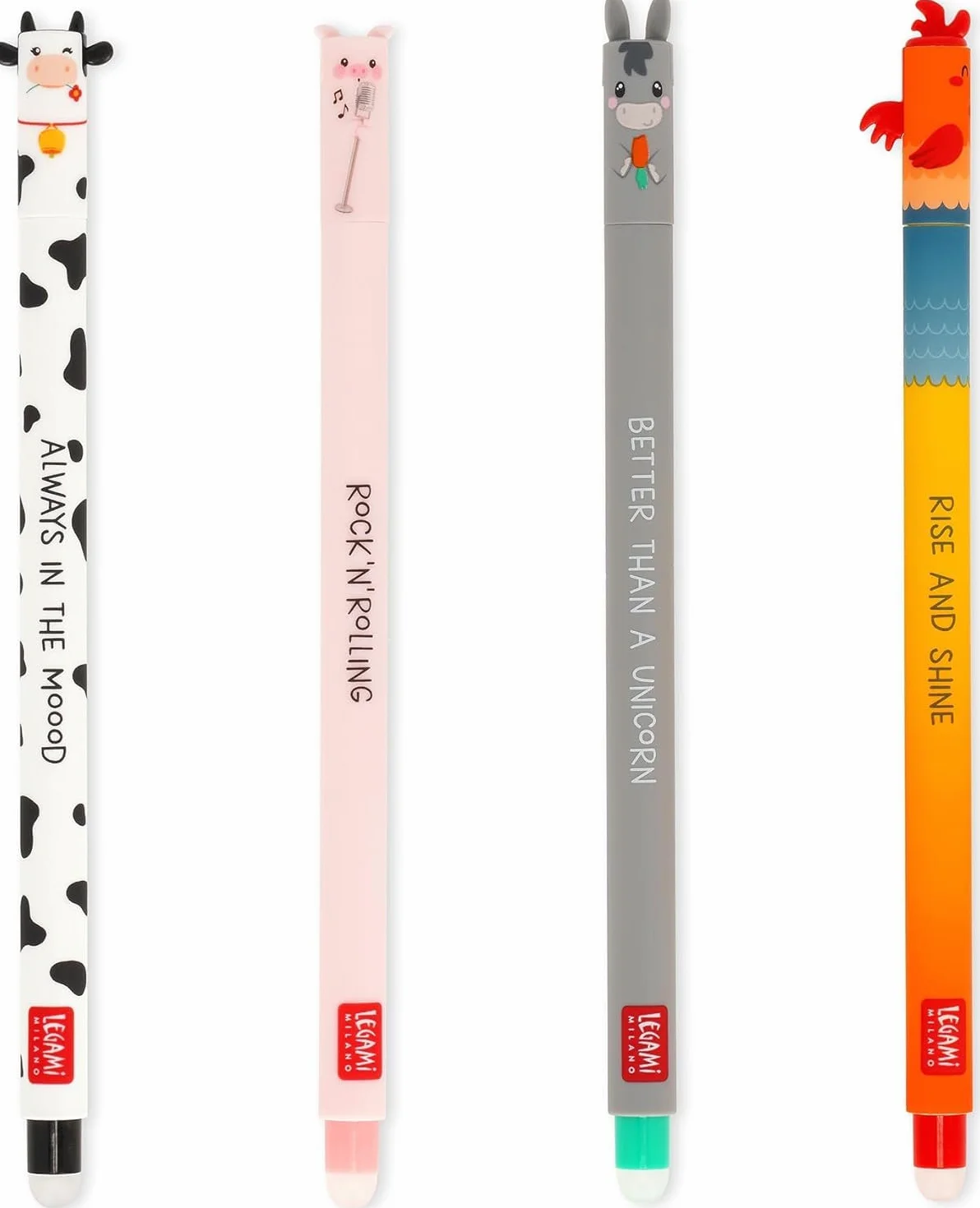Legami Set di 4 Penne Gel Cancellabili Farm Sweet Farm, Inchiostro Termosensibile, Punta 0,7 mm, Nero Rosa Verde Rosso
