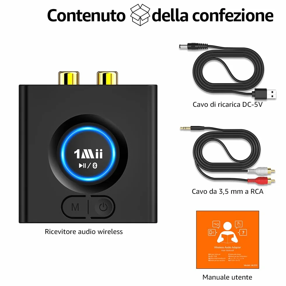 1Mii Ricevitore Bluetooth Senza Fili HiFi, Adattatore Audio Bluetooth RCA/AUX 3,5mm per Impianto Stereo, Autonomia 12H, Bassa Latenza