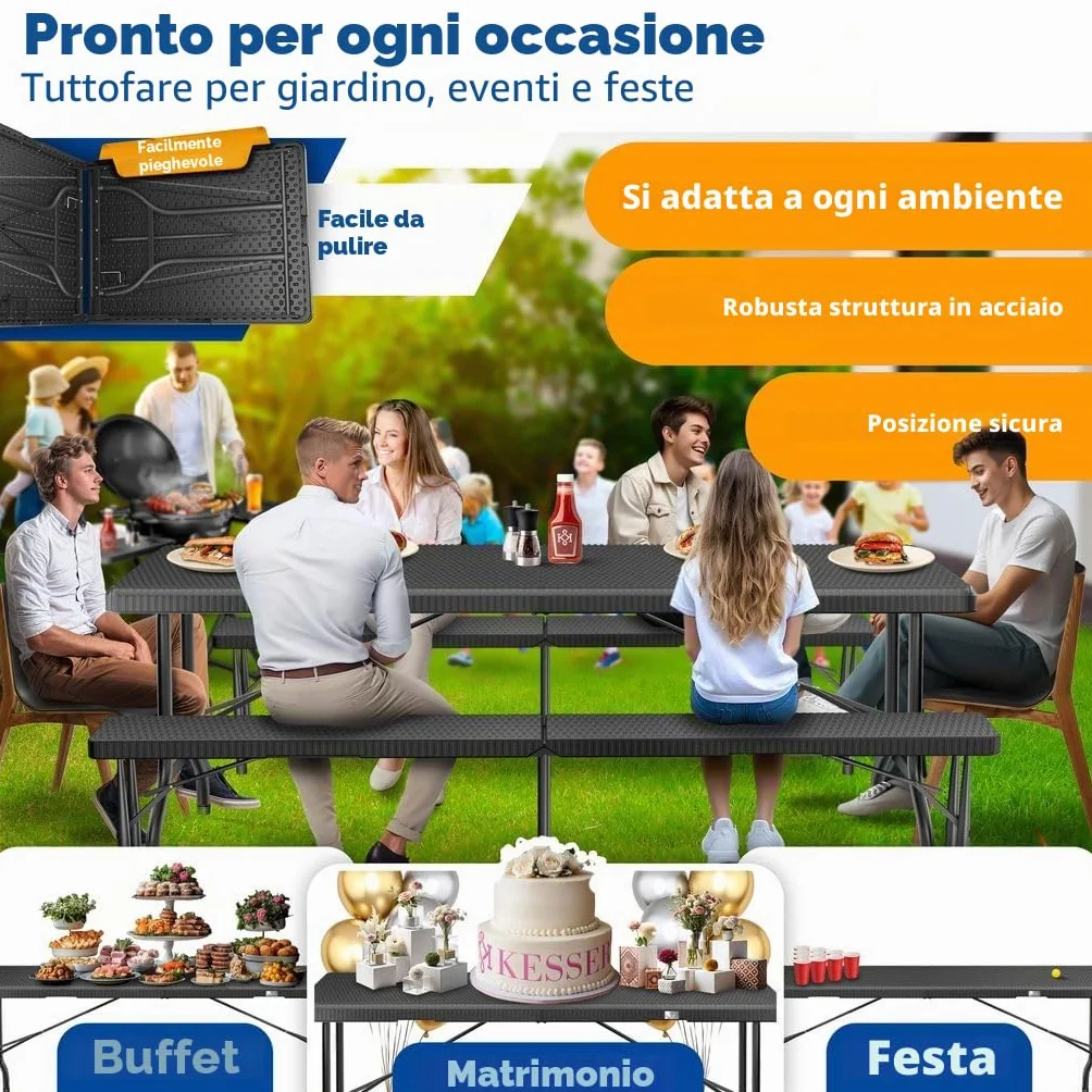 KESSER® Tavolo da buffet Tavolo pieghevole in plastica, 180x75 cm di rattan tavolo da campeggio tavolo per feste tavolo pieghevole tavolo da giardino, terrazza e balcone, Antracite