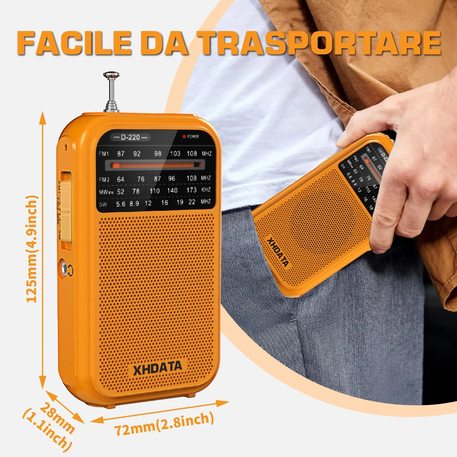 XHDATA D220 Radio Portatile AM FM SW a Pile, Onde Corte, Piccola Ricezione Eccellente (Arancione)