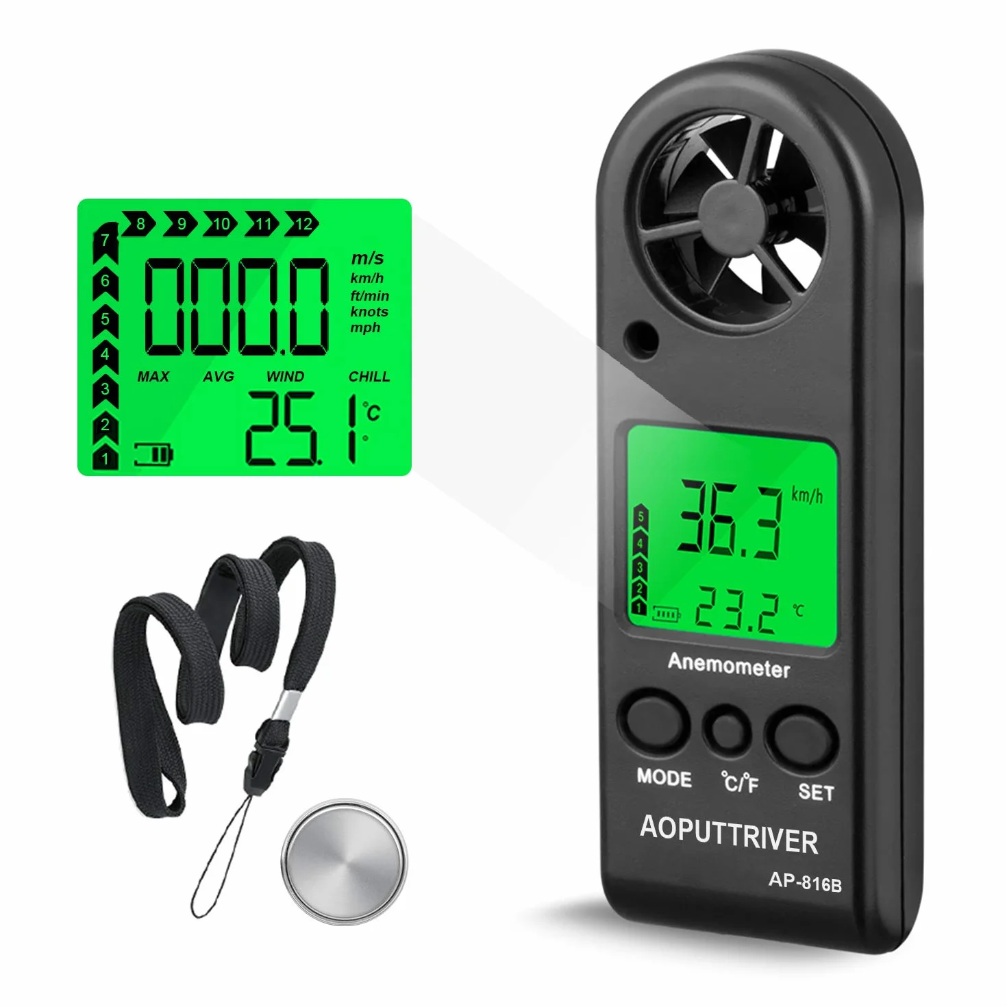 Anemometro digitale anemometro portatile per la misurazione della velocità del vento, alta precisione, misurazione del windsurf, attività all'aperto di pesca a vela