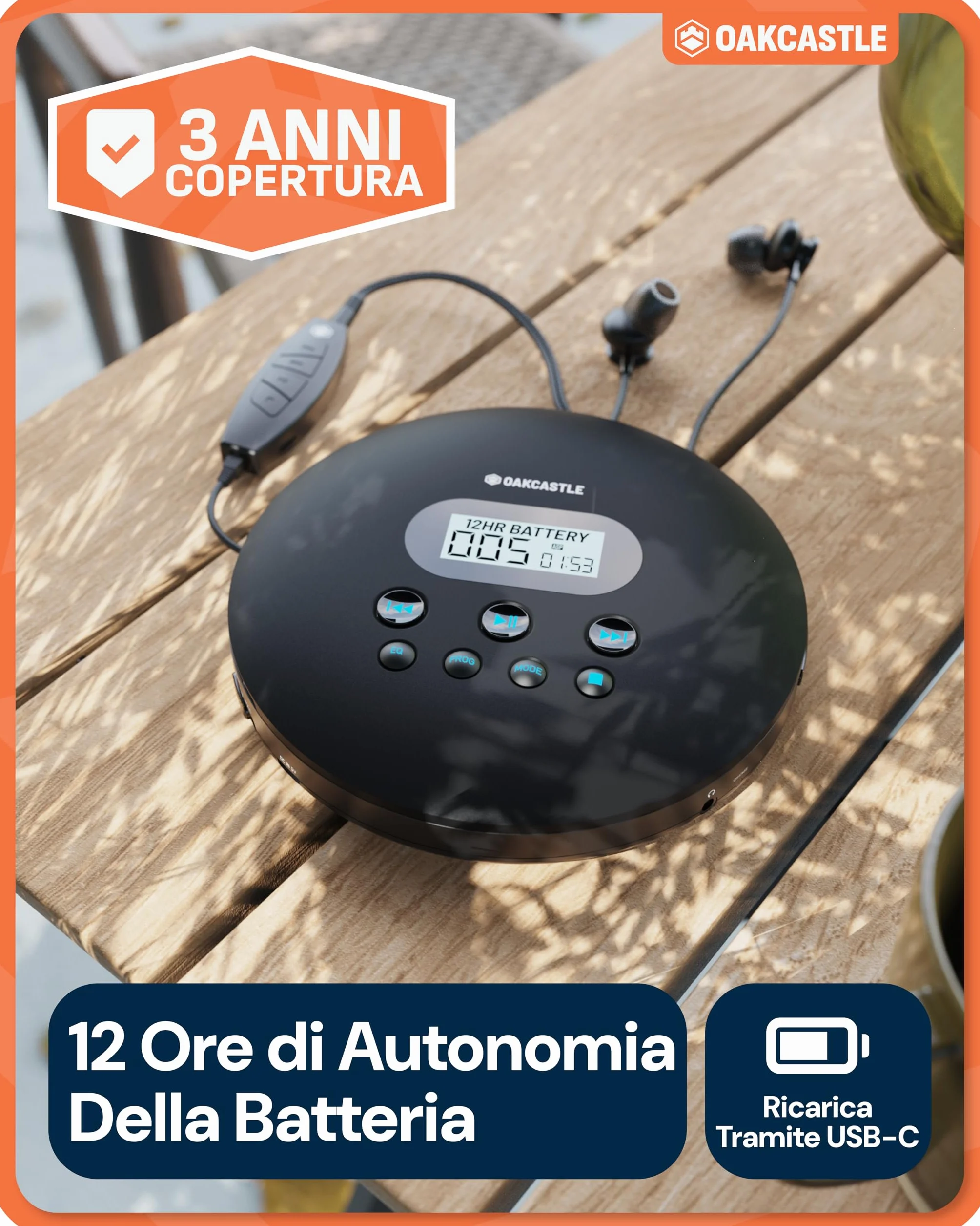 Oakcastle CD100 Lettore CD portatile ricaricabile Bluetooth 5.3, 12 ore riproduzione, anti-salto, USB-C