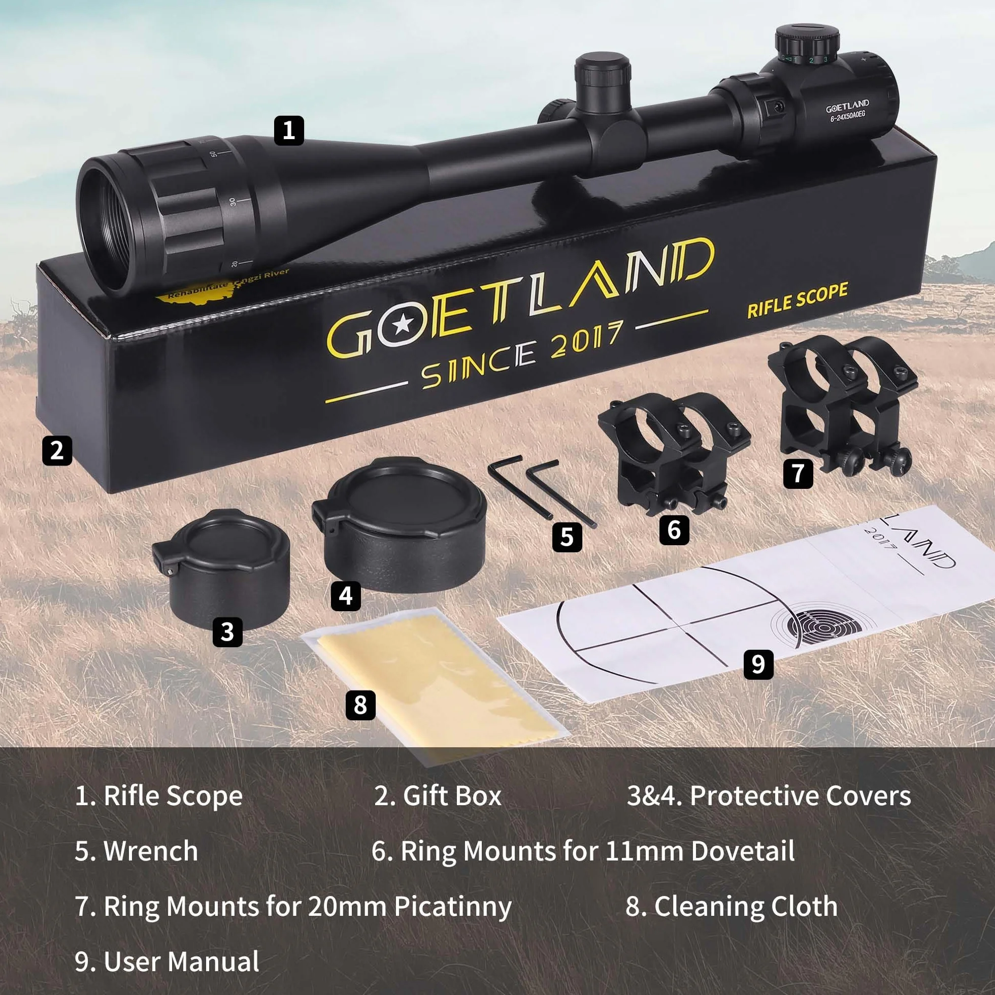 Goetland Lunettes de Visée 6-24x50 AOEG Télémètre Rouge Vert Bleu Illuminé SFP pour Chasse Airsoft Tir Sportif
