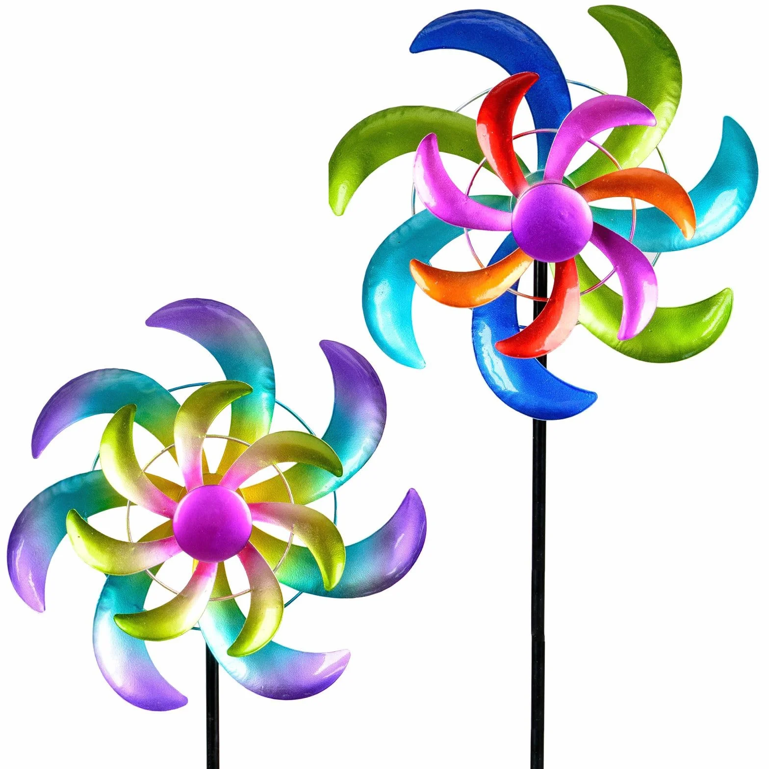 Kremers Schatzkiste Set di 2 girandole da giardino in metallo colorato, 25/110 cm, con cuscinetto a sfera, decorazione da giardino resistente alle intemperie, con picchetto, mulino a vento colorato