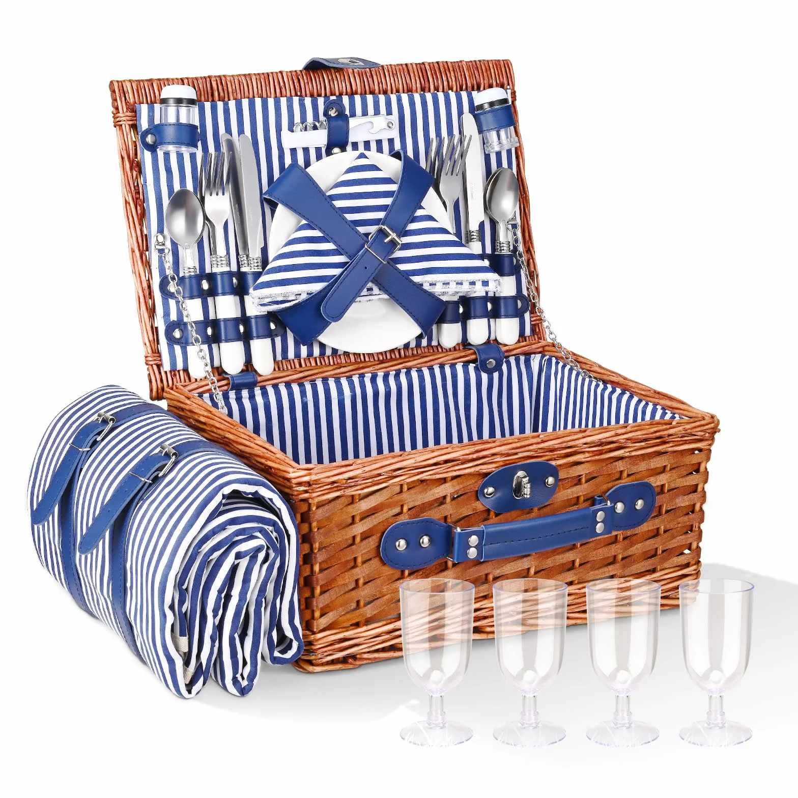 Cestino Picnic,Cesto Picnic Vimini Coperta Impermeabile e Set di Posate, Set Pic Nic 4 Persone per Campeggio, Cestino Pic Nic Vimini Blu perCampeggio, Attività all'aperto, Feste, Spiaggia(blu)