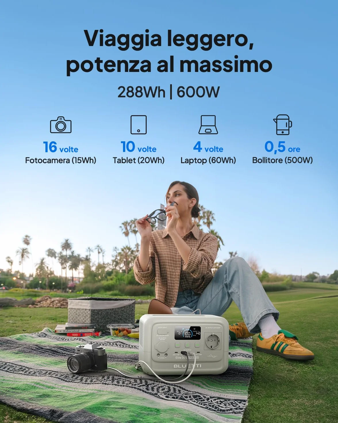 BLUETTI Elite 30 V2 Generatore Solare 288Wh, 600W (1500W Picco), Ricarica Rapida 70 min, LiFePO₄, per Campeggio e Emergenze(Grigio Sabbia Chiaro)