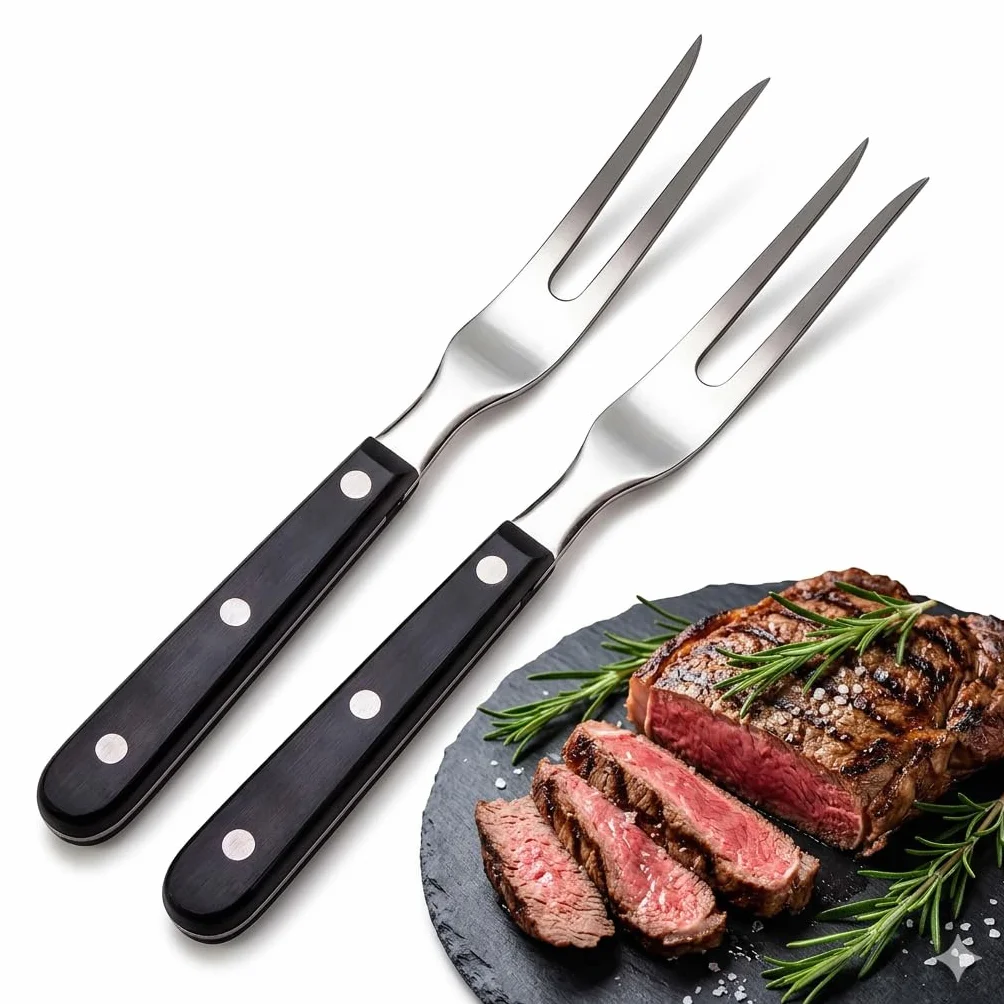 2 forchettoni da carne con manico, in acciaio inox, lunghezza 16,5 cm, lunghezza totale 29 cm, forchetta per barbecue, forchetta da carne con manico in plastica, per barbecue, cucina, tacchino,