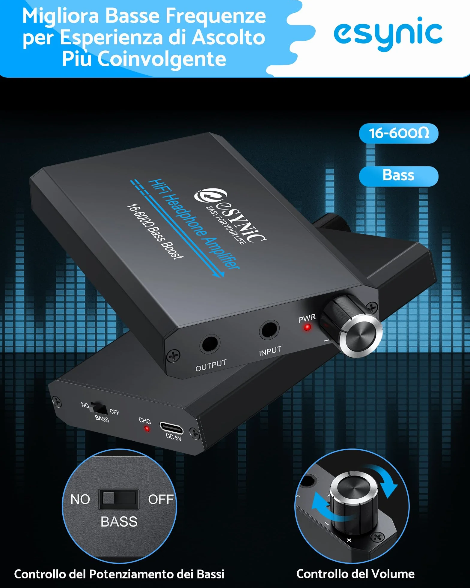 eSynic 16-600Ω Amplificatore per Cuffie Professionale con Jack 3.5mm, Ricaricabile Type-C, Lega Alluminio