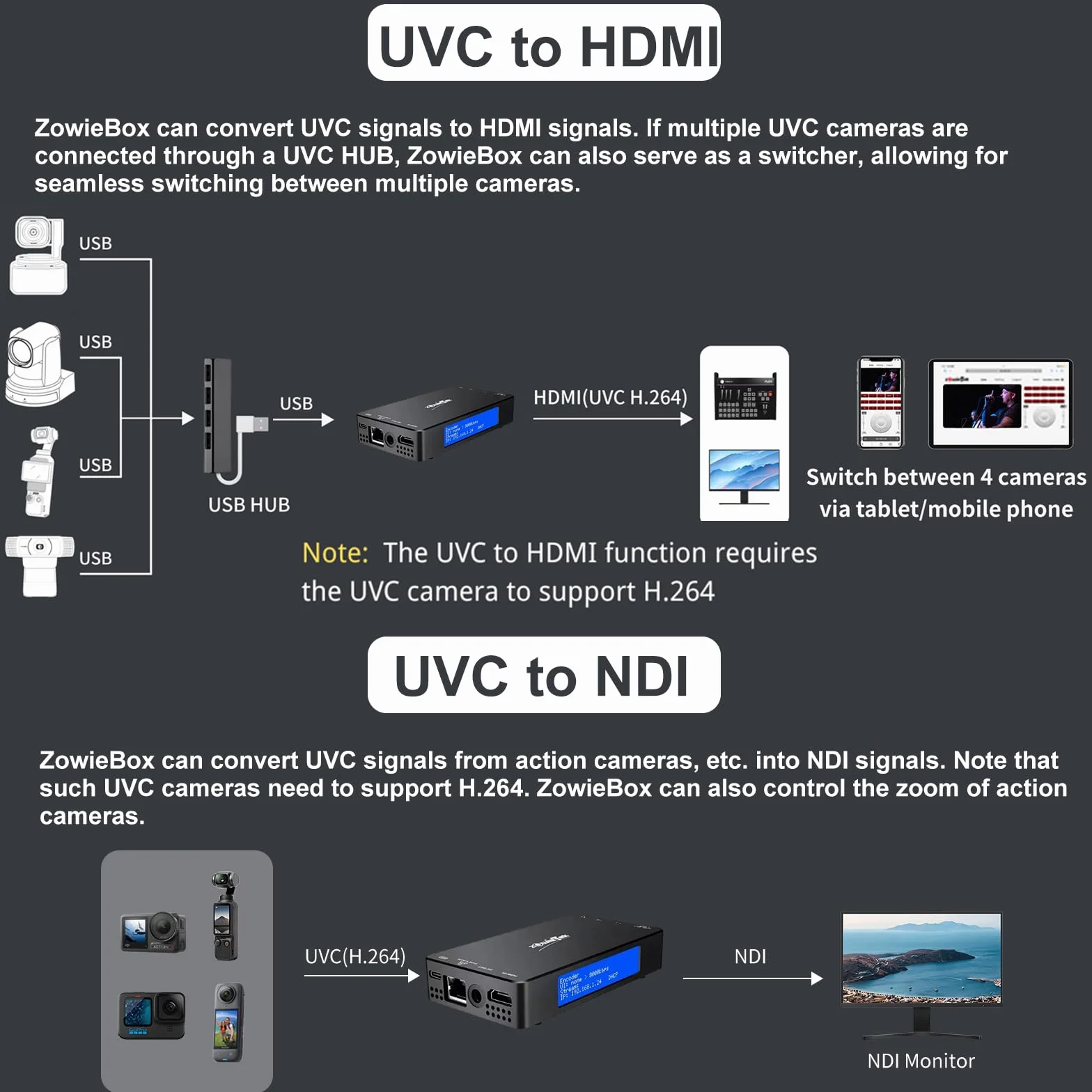 ZowieBox NDI Codificatore video HDMI 4K HX3 Convertitore UVC a HDMI Acquisizione Streaming live SRT RTMP RTSP