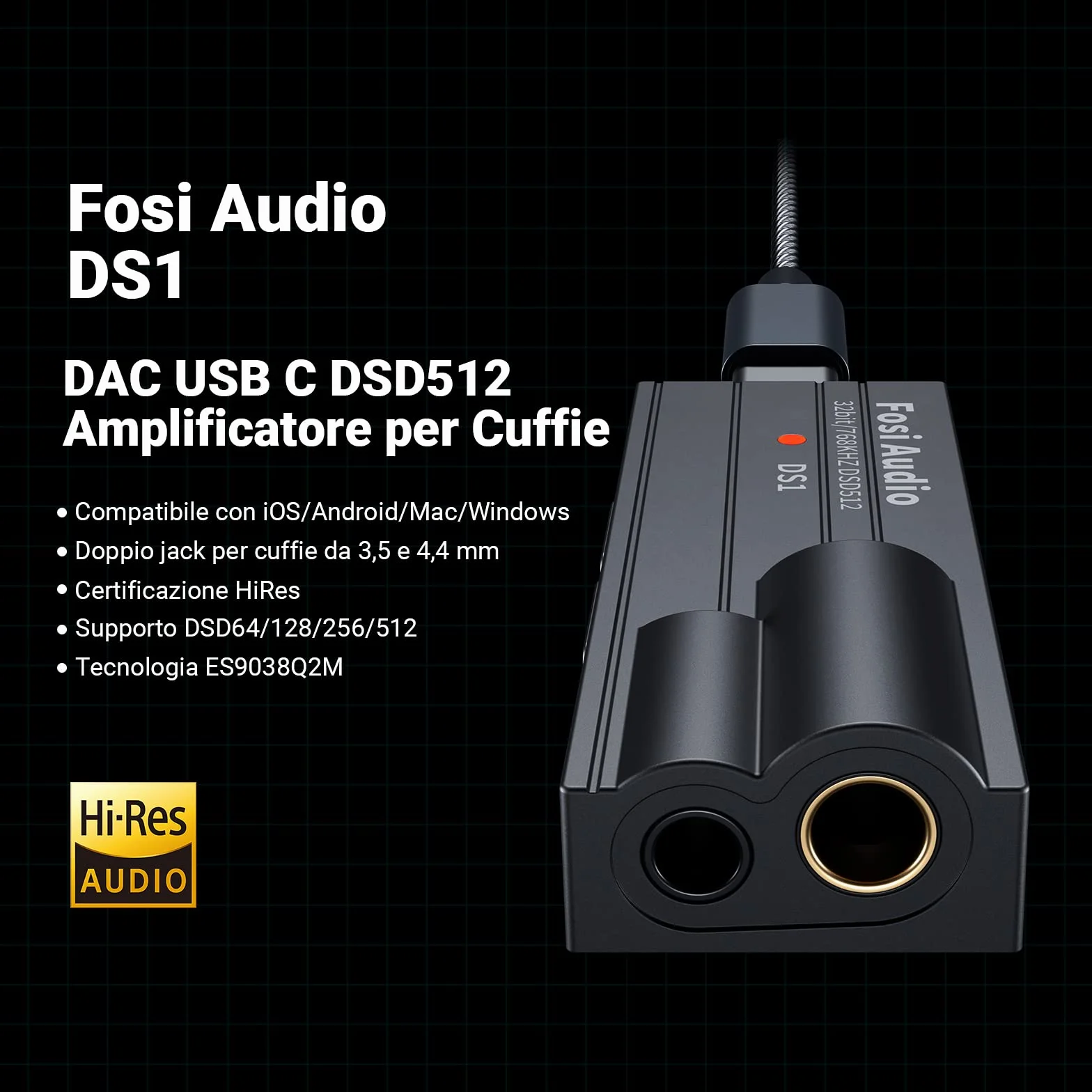 Fosi Audio DS1 DAC Amplificatore Cuffie USB C Hi-Res 32bit/768kHz Uscite Doppie 4,4/3,5mm 16-300Ω Portatile ESS ES9038Q2M