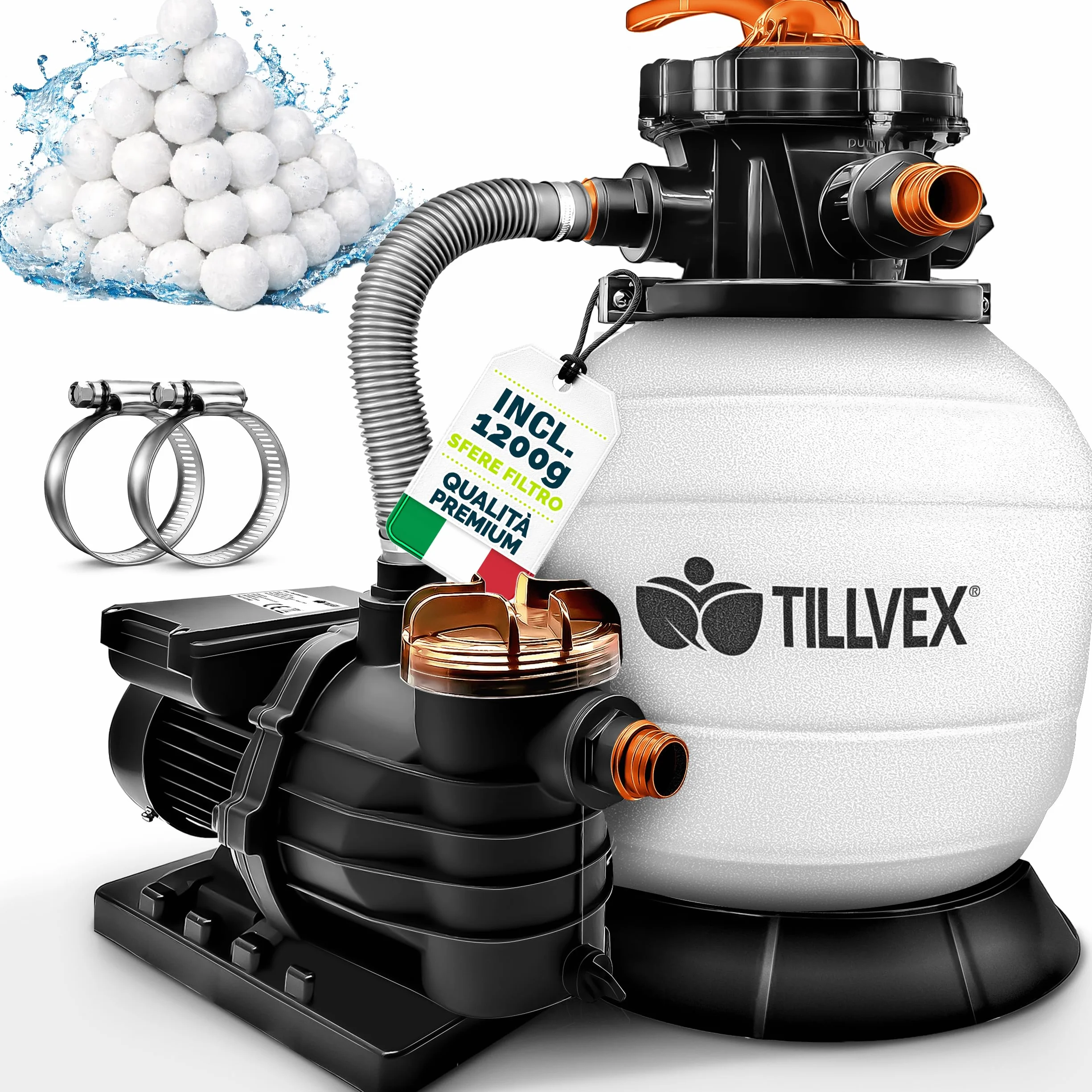tillvex Pompa Filtro Piscina Portata 13.200L/h fino 40.000L | 7 funzioni filtrazione | Adattatore 2in1 Ø32-38mm + indicatore pressione | Filtro sabbia piscine (Bianco/Arancione)