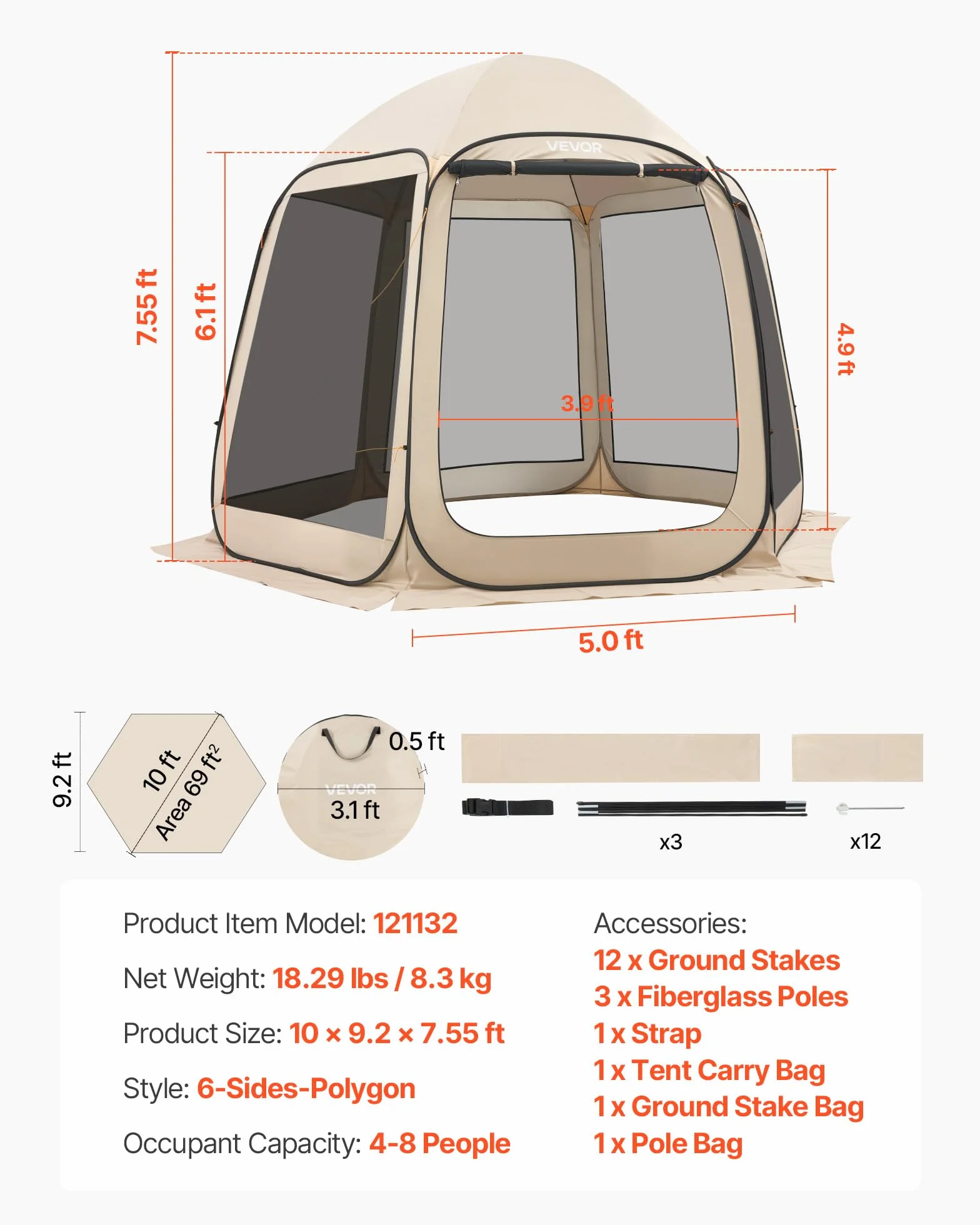 VEVOR Tenda da campeggio con zanzariera, 10 x 9 piedi, tenda pieghevole per 4-8 persone, tenda da campeggio con borsa per il trasporto, lati in rete, picchetti da terra per giardino, cortile