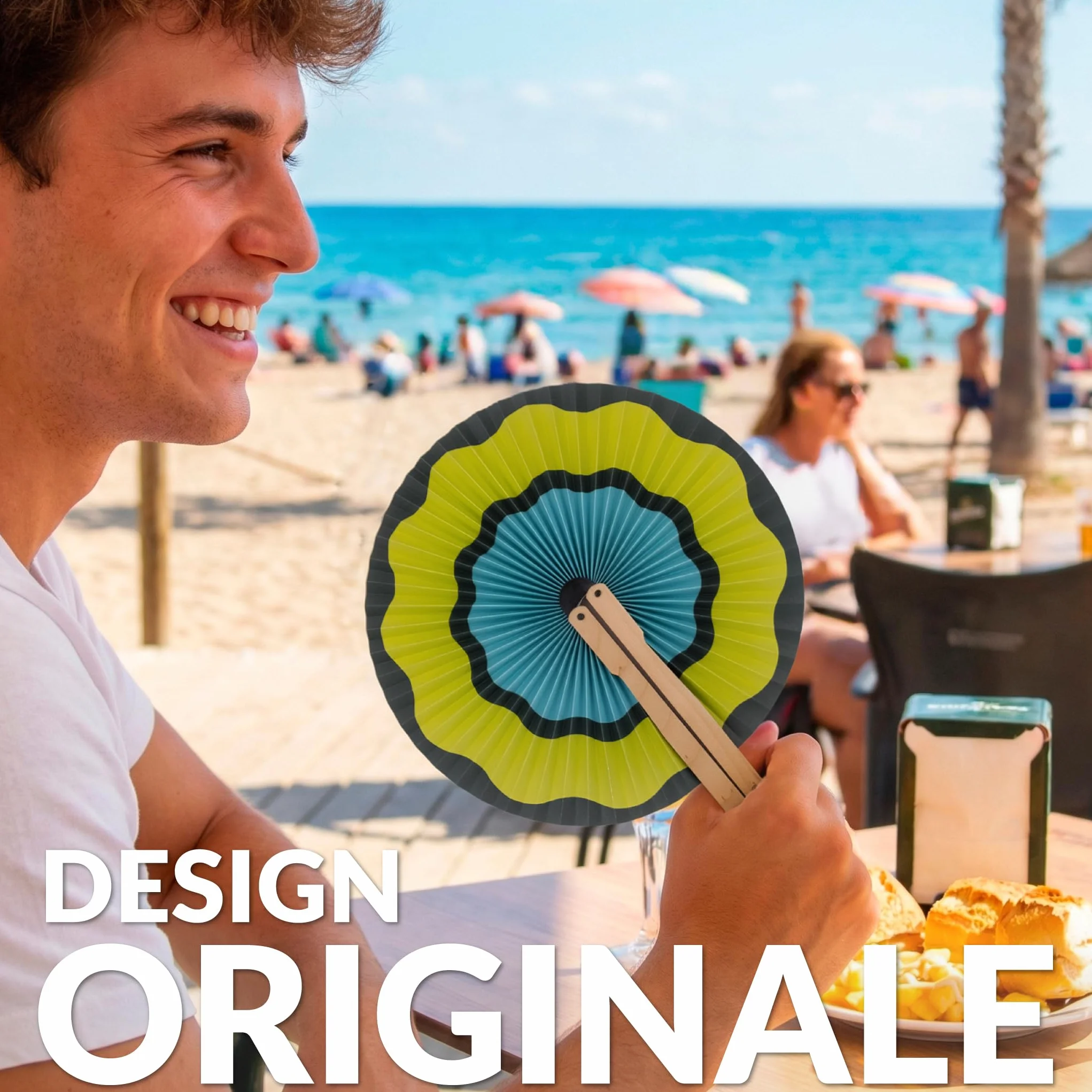 Fisura – Ventaglio pieghevole verde con onde, ventaglio originale in carta, pai pai verde e blu, accessorio per matrimonio, dettaglio per invitati, idea regalo per festa o cerimonia