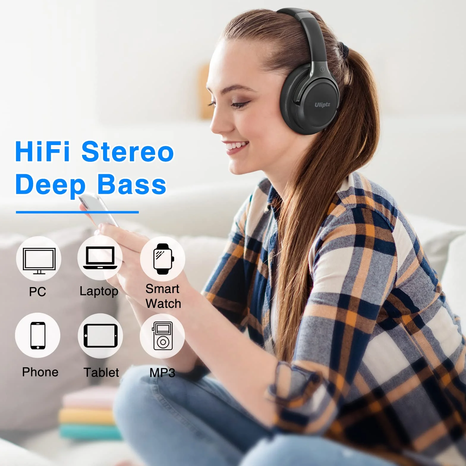 Uliptz Cuffie Wireless Bluetooth, 65 Ore Riproduzione, 6 EQ, Stereo HiFi Over Ear con Microfono, Bluetooth 6.0, Nero