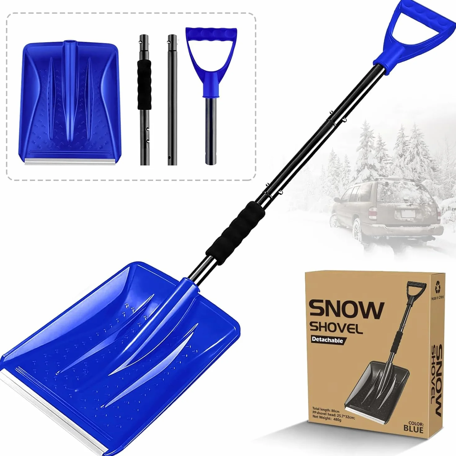 Pala da Neve, 108cm Pala da Neve per Auto mit D-Grip, 4 Pezzi di Design Staccabile Tragbare Leggera Pala Neve Regolabile Portatile con Grande Capacità Perfetta per Giardino, Auto Guida (Blu)