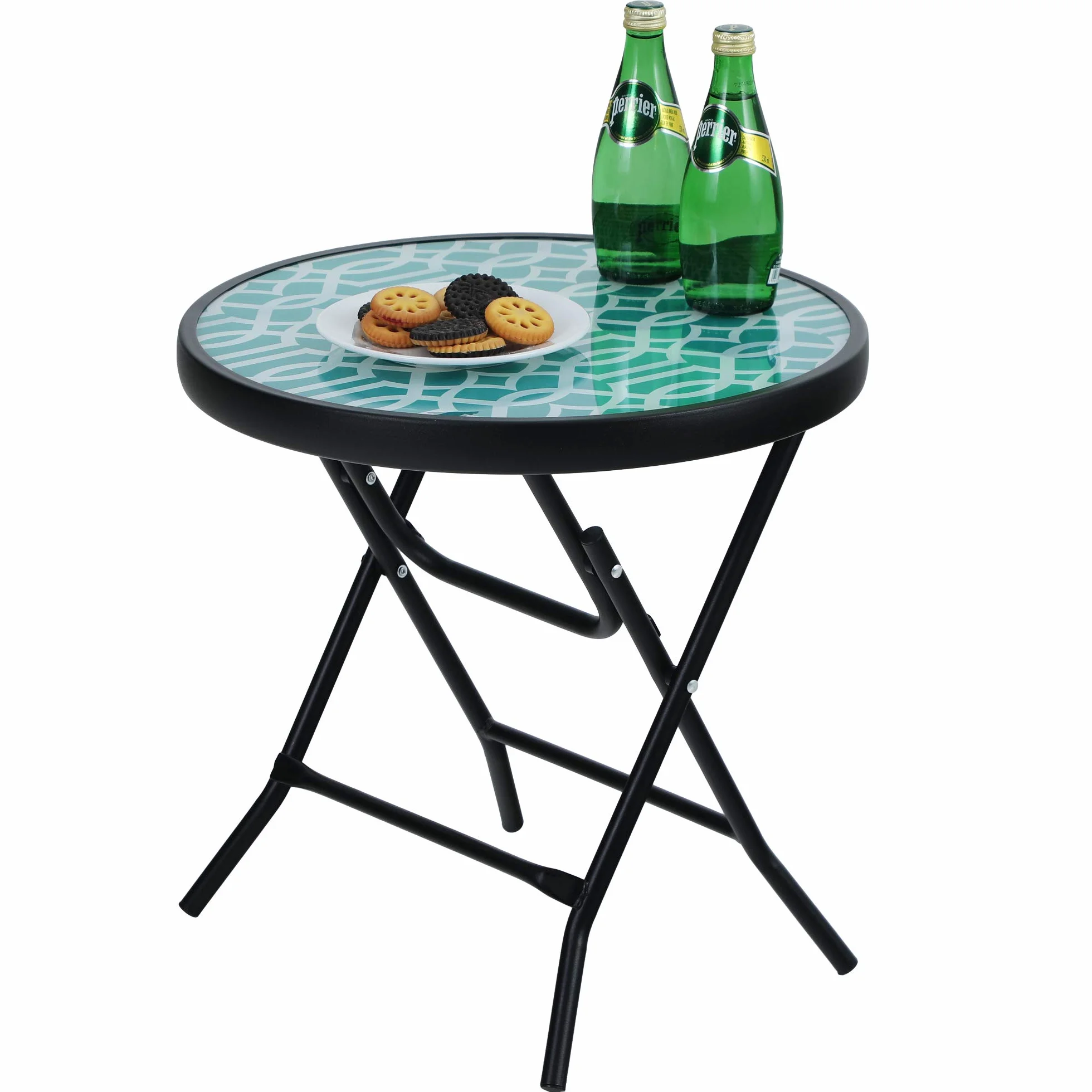 PHI VILLA - Tavolino rotondo pieghevole in vetro e metallo, tavolo da caffè, piccolo tavolino da balcone, resistente alle intemperie, facile da pulire, per balcone, giardino, terrazza, soggiorno