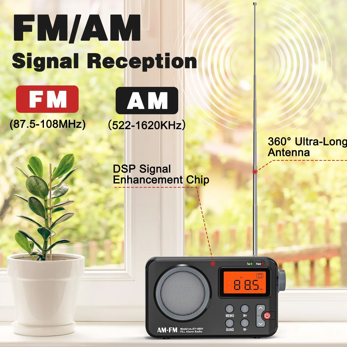 Tendak Radio Portatili FM/AM, Radiolina Portatile Piccola, Radio a Pile, Schermo Grande, Sveglia, Timer, Radio a Transistor Alimentata via USB - Nero
