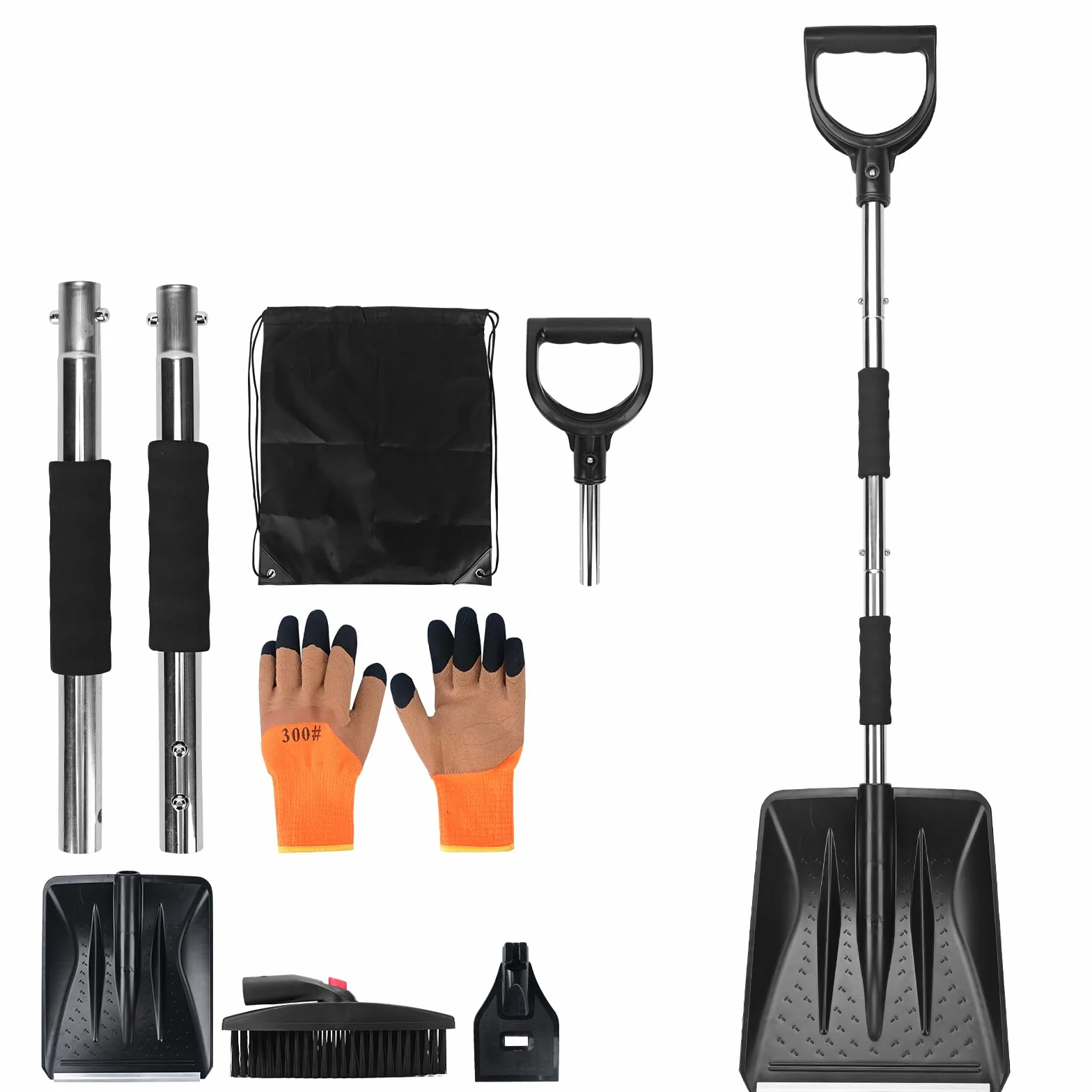 Kit con pala da neve 3 in 1, pala per la neve retrattile con raschietto per il ghiaccio e spazzola per la neve per ghiaccio, neve, ghiaino per il vialetto dell'auto. Con sacchetto di stoccaggio