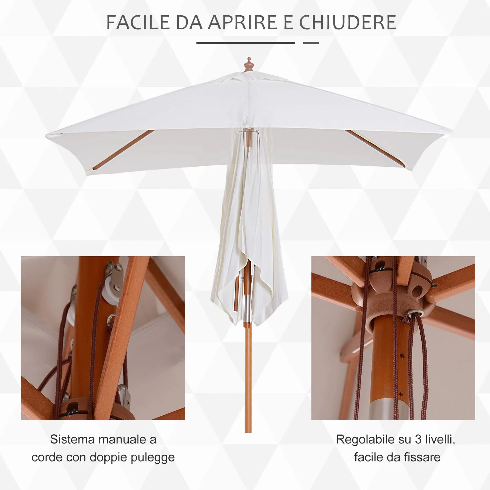 Outsunny Ombrellone da Giardino Inclinabile 2x1.5 m con Sistema a Corda e Presa d'Aria, Ombrellone da Esterno a 6 Stecche, in Legno, Bambù e Poliestere 180g/㎡, per Cortile Balcone Terrazzo, Crema