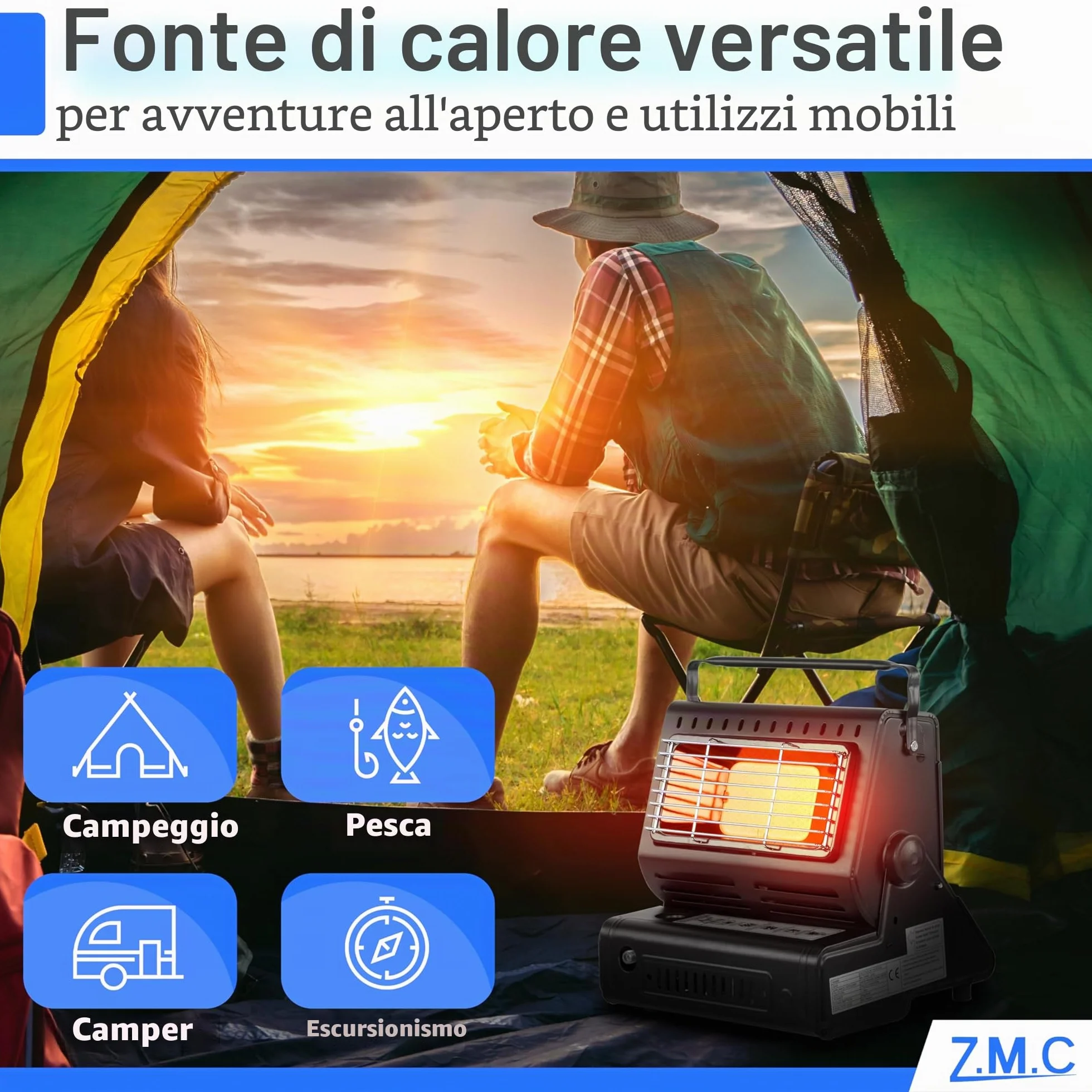 Z. M.C 2-in-1 Riscaldamento a Gas e Fornello a Gas con LPG Collegamento + 4 Cartucce di Gas 227g, Campeggio Riscaldamento 1,3 kW, Stufa per Esterno con Bruciatore Piezo