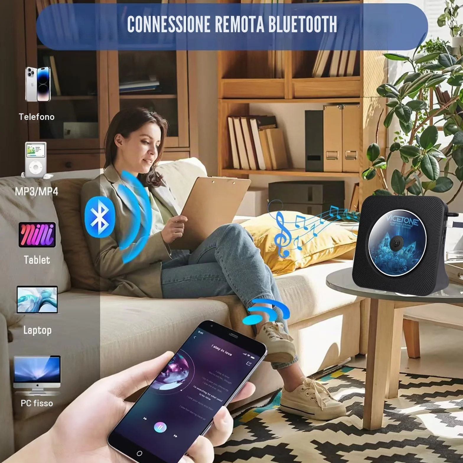 Lettore CD Bluetooth portatile con altoparlante stereo, radio FM, AUX/USB, cuffie