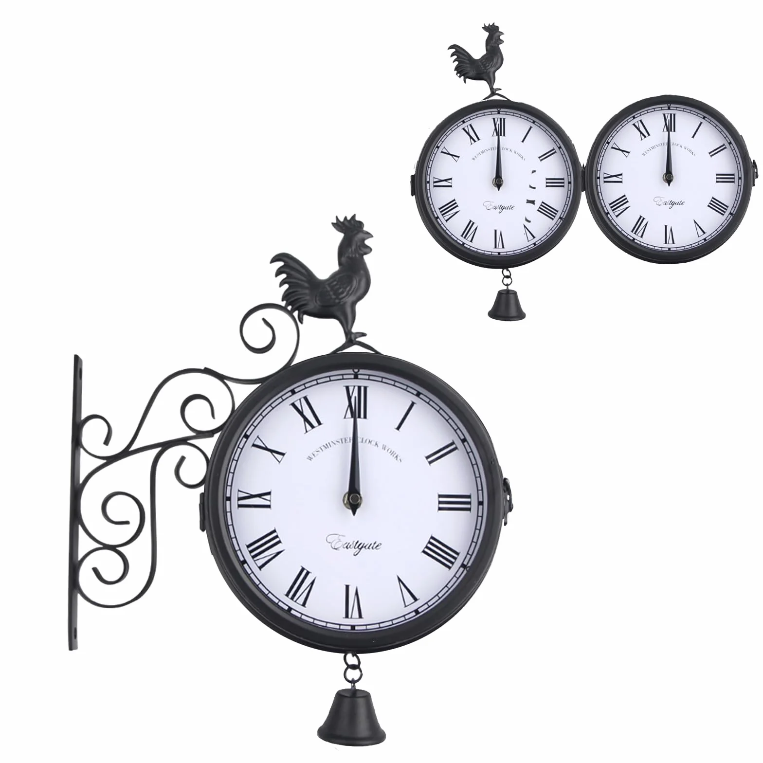 Orologio da giardino per stazione, resistente alle intemperie, design double face, impermeabile, 20 cm, stile retrò, con supporto a parete, per giardino, veranda, stazione ferroviaria, colore nero