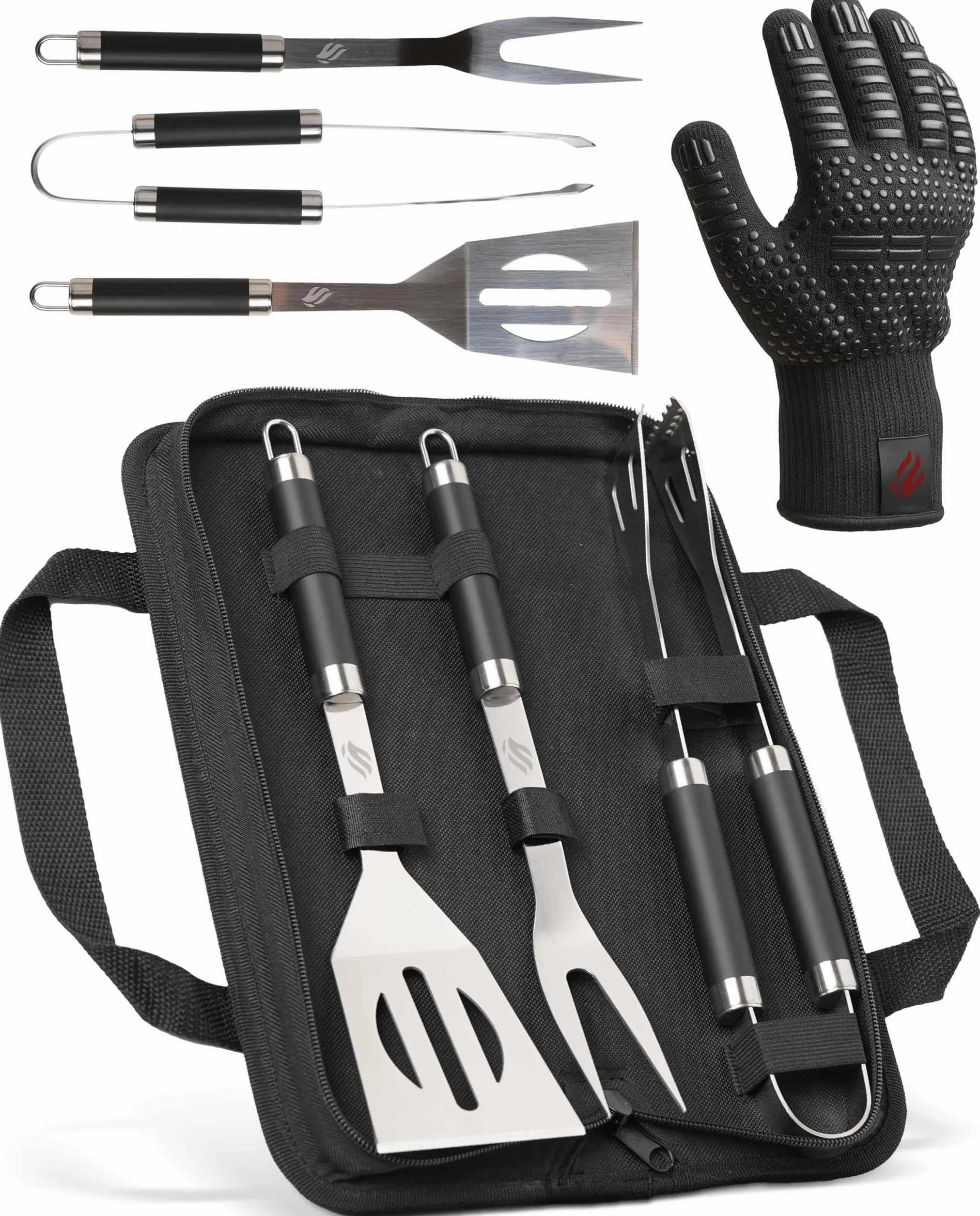 HORUS 23® - Set Accessori Barbecue Professionale con Borsa Porta Attrezzi Barbecue - 4 Accessori BBQ: Pinze, Spatola, Forchettone e Guanto Ignifugo