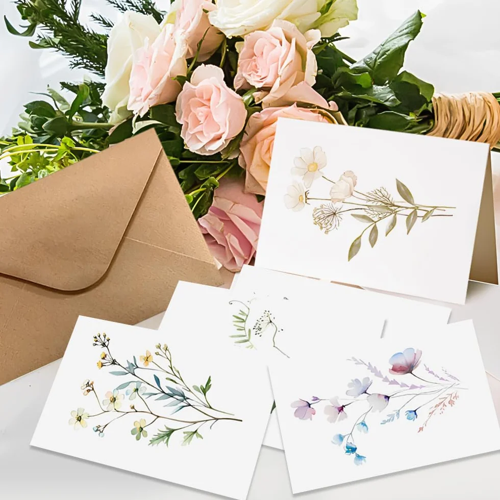Set di 10 Biglietti Auguri Fiori con Buste, Floreale, Compleanno, Pieghevoli Vuoti, Cartolina, Birthday Card, Matrimonio Elegante per Feste