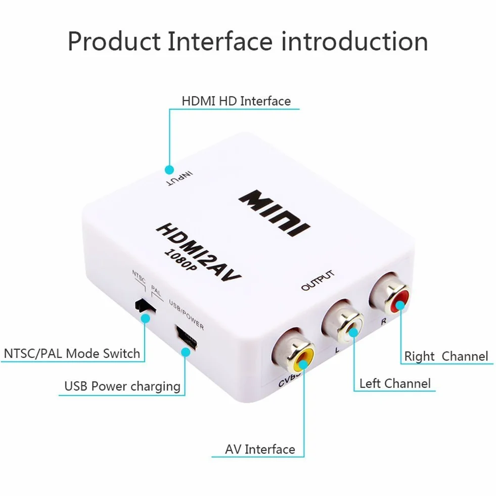 Mini HDMI2AV Video Converter HD 1080P HDMI A AV RCA CVBS per HDTV TV PC PS3