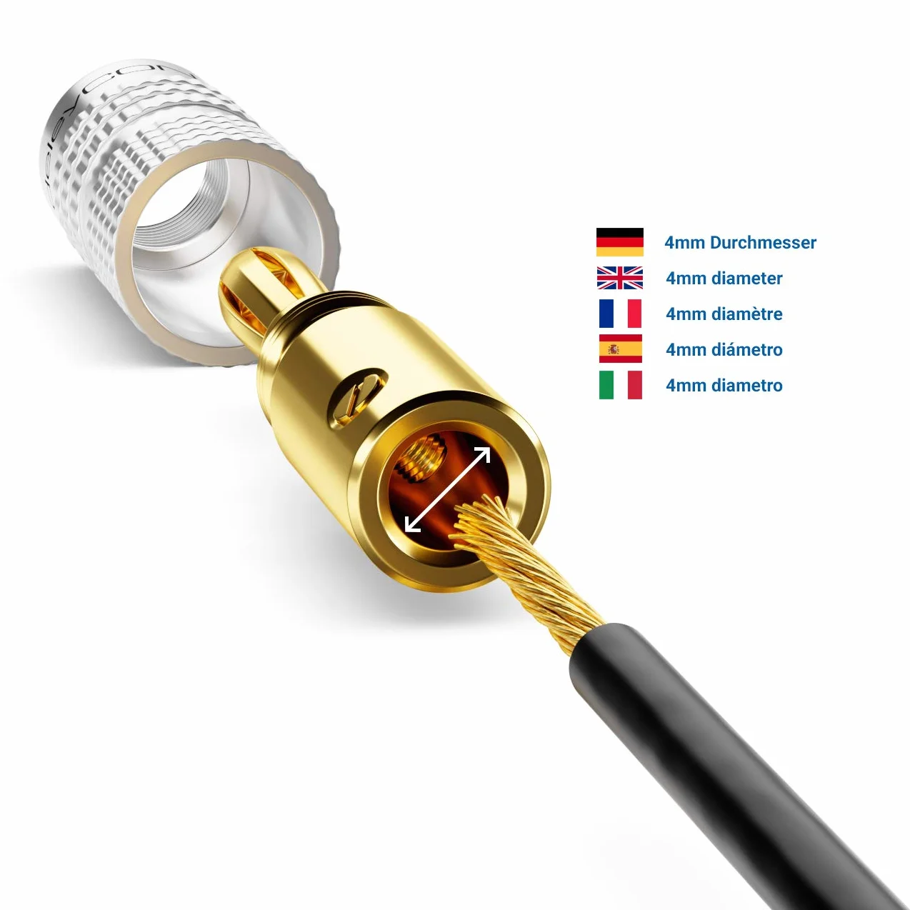deleyCON 4 Pezzi Connettori a Banana Placcato Oro Avvitabile per Cavo Altoparlanti 0,75-4,5 mm Argento