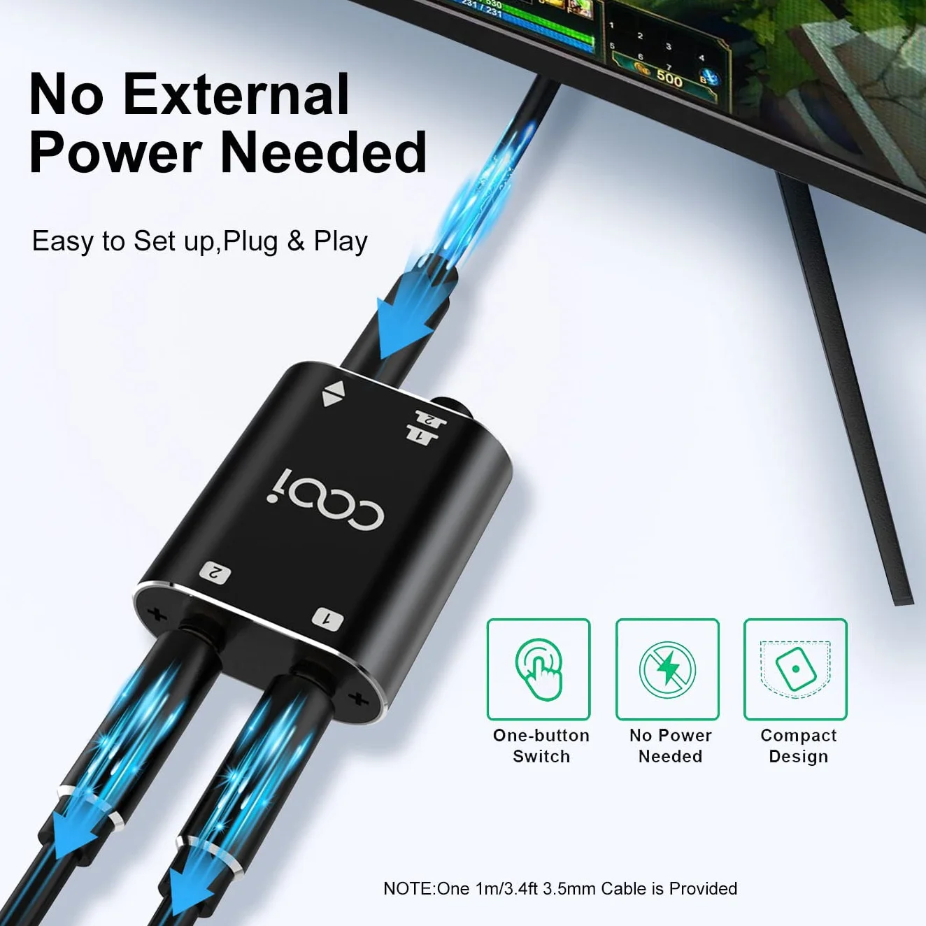 COOIDEA Switch Audio Stereo da 3,5 mm 1 Ingresso 2 Uscite 2 Ingressi 1 Uscita Selettore Altoparlanti AUX 2 Porte per PC Telefono Laptop Cuffia