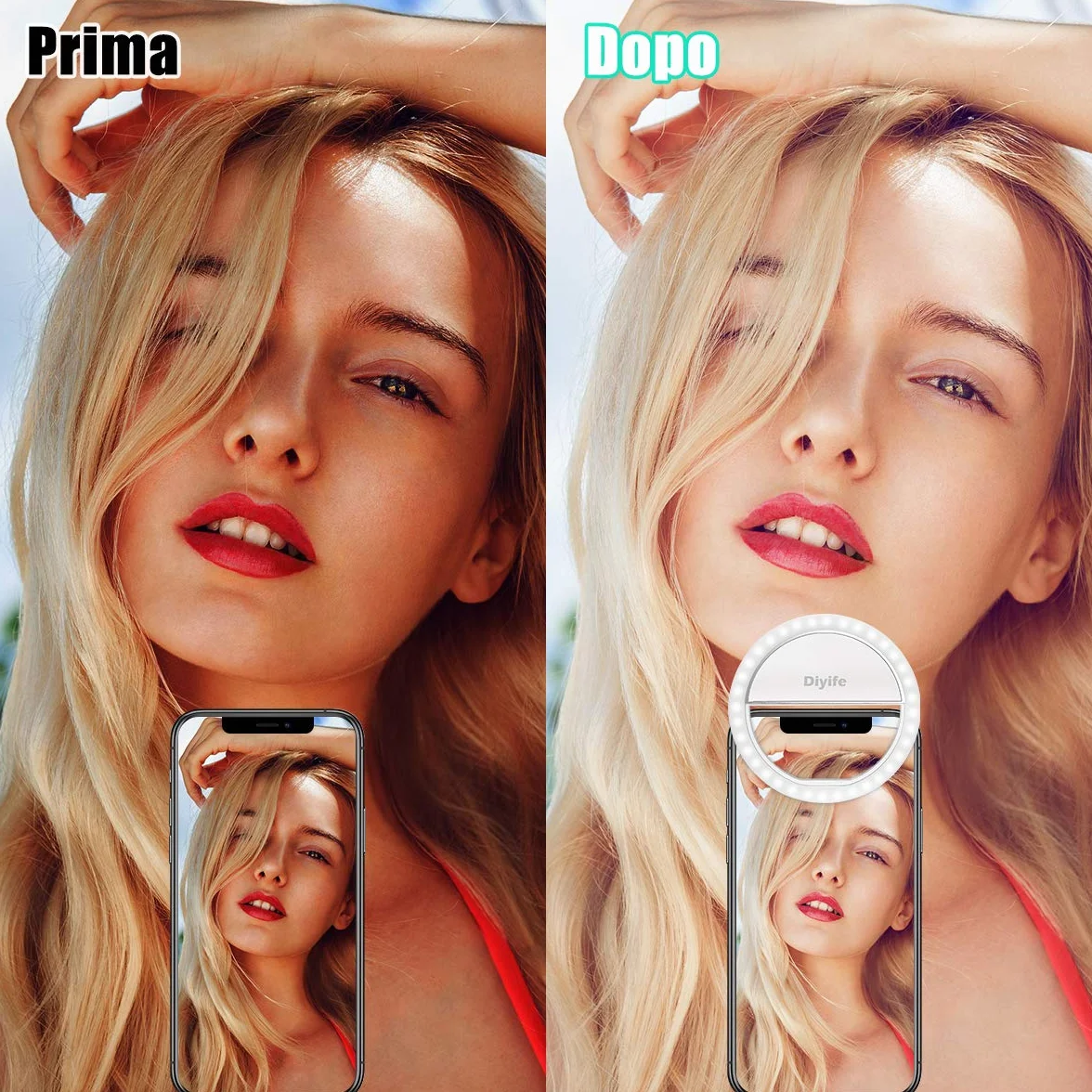Selfie Ring Light Ricaricabile 36 LED 3 Livelli di Luminosità con Clip per Telefono