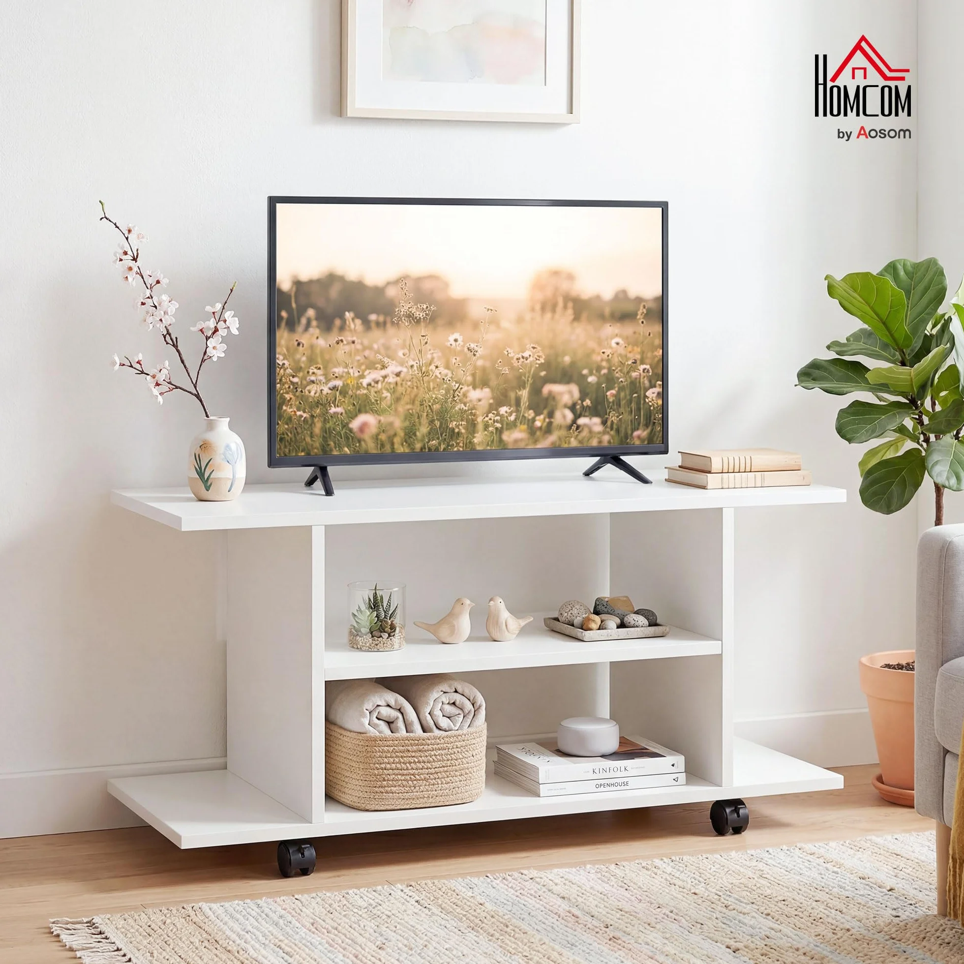 HOMCOM Mobile TV Moderno con Ripiani, 42" Porta TV con Ruote, 80x40x40 cm, Bianco