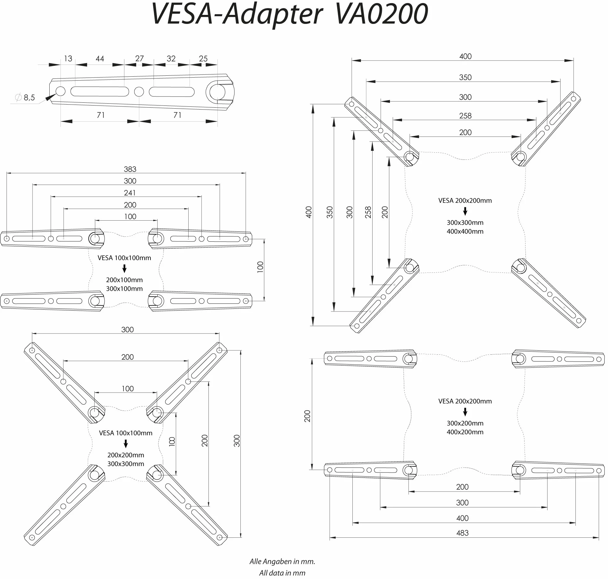 RICOO Adattatore VESA Estensione VA0200 supporto TV Staffa monitor 32-55" 81-140 cm VESA 200x200 a 400x400 Acciaio Nero