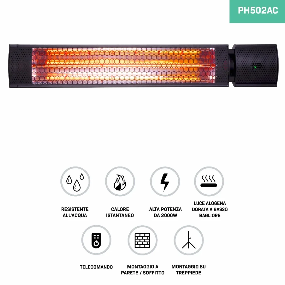 VONROC Stufa riscaldante a infrarossi 2000W da esterno 2 livelli di calore Telecomando Nero
