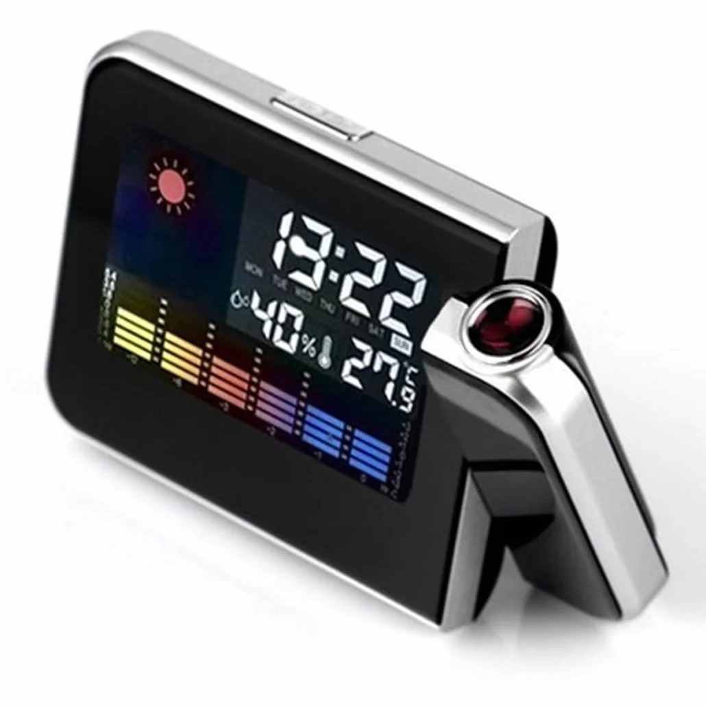 Sveglia a Proiezione con Display LED, Termometro Meteo, Schermo LCD, Funzione Snooze, Porta USB (Nero)