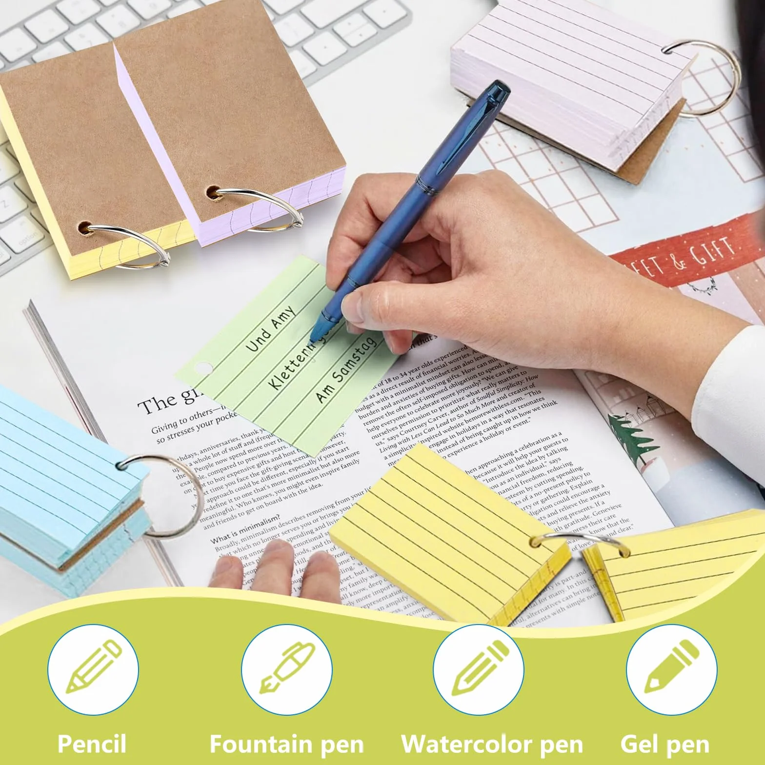 Flashcard A8 a Righe con Anello, 600 pezzi, Colori Intensi per Appunti Ufficio Scuola