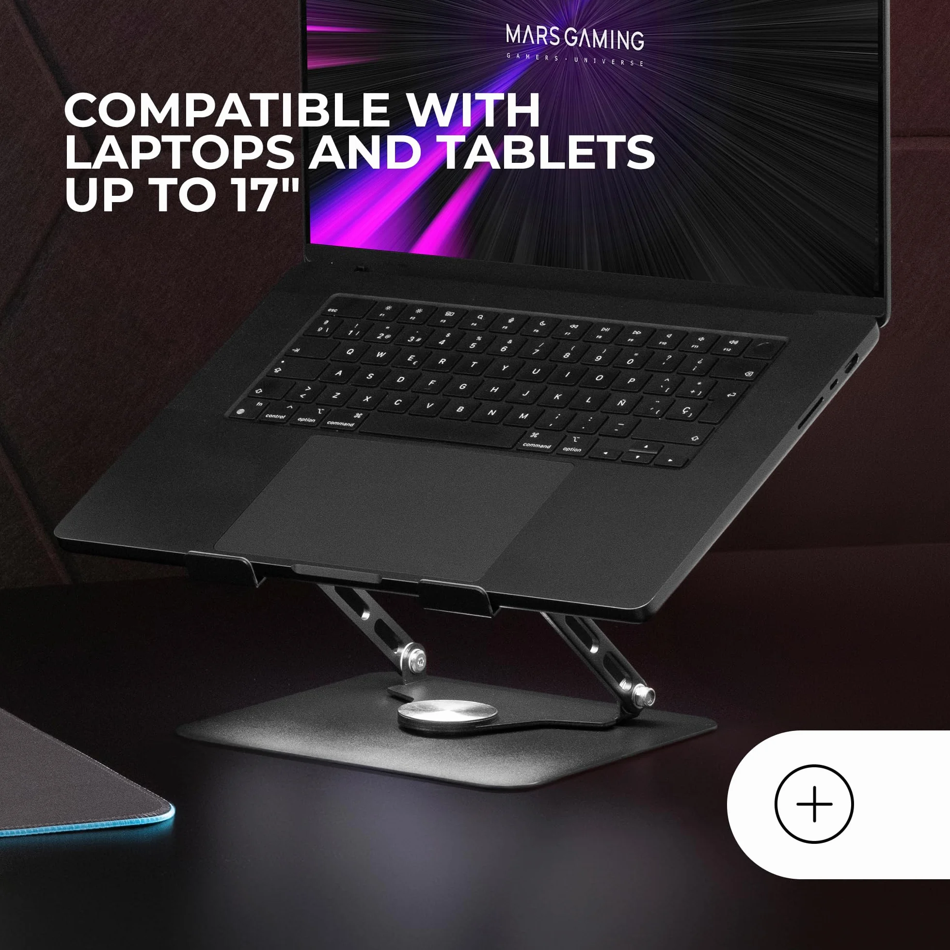 MARSGAMING MA-RSN Supporto per Laptop e Tablet 17" Regolazione Altezza Inclinazione Rotazione 360º Stand Acciaio Nero