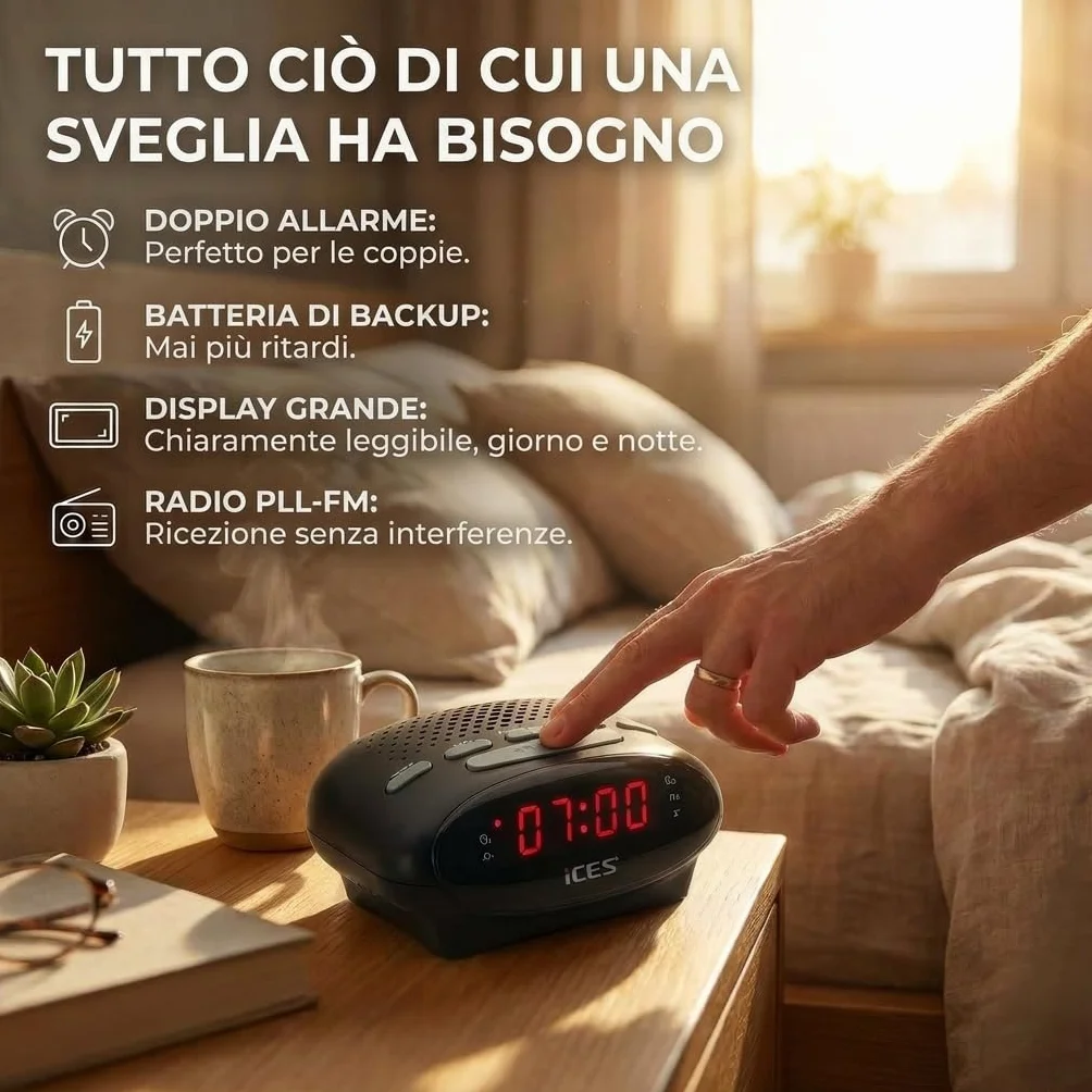 Ices ICR-210 Nero Radiosveglia FM PLL Design Moderno