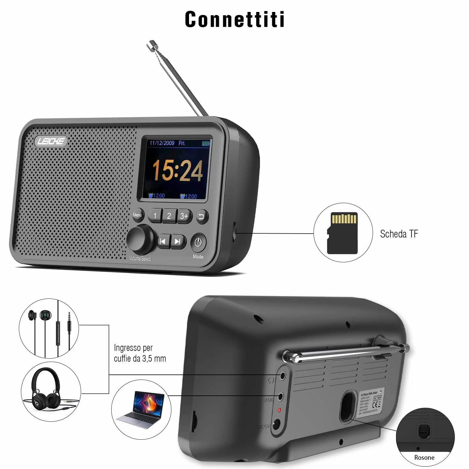LEICKE DAB+ Radio Portatile con Bluetooth 5.0, FM, Display 2,4", Batteria 4000 mAh