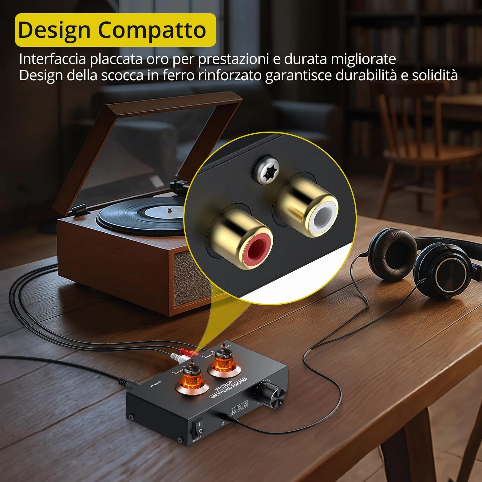 PROZOR Preamplificatore Phono Valvolare MM con Controllo Volume Hi-Fi JAN GE5654 Uscita RCA 3,5mm