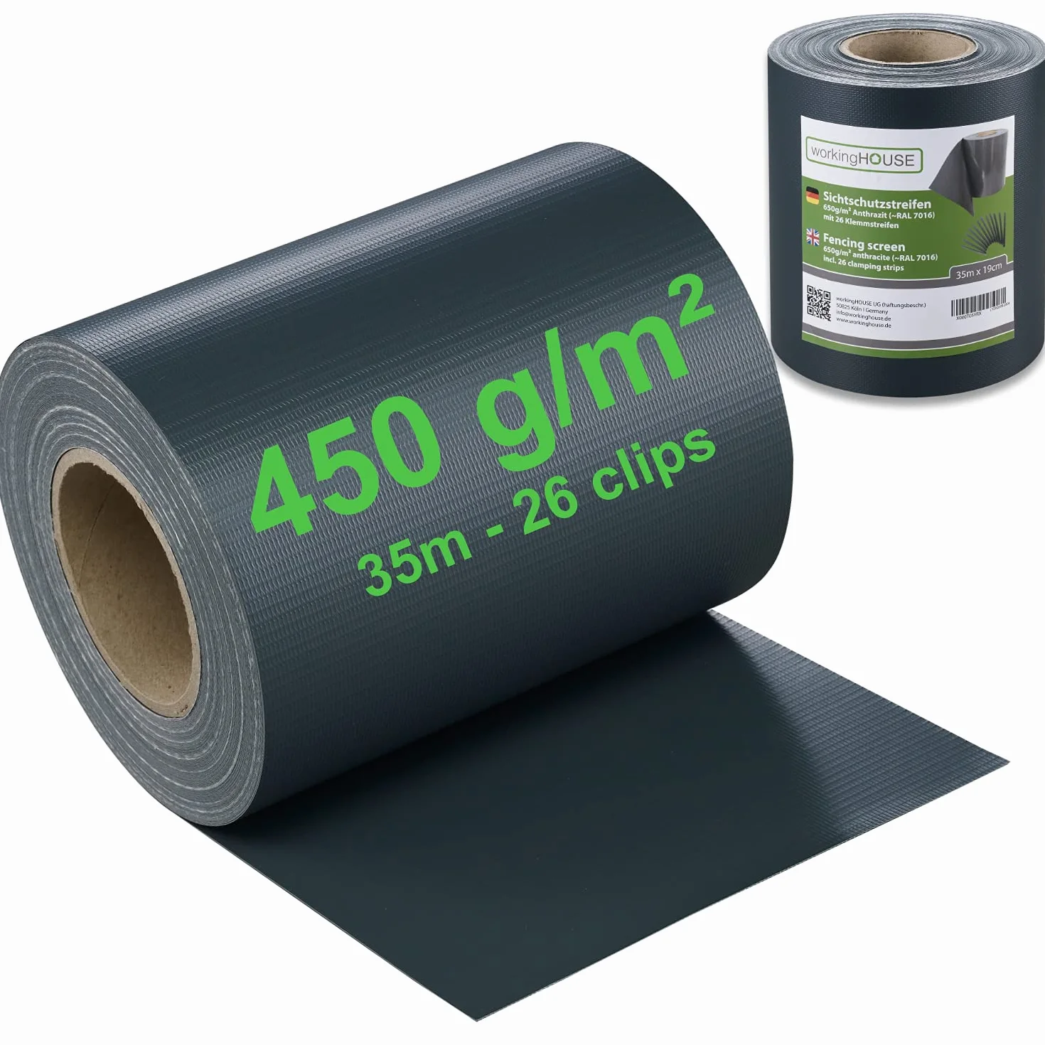 Workinghouse Schermo privacy in PVC per recinzione a doppio picchetto - schermo privacy da giardino con clip - 450g/m² - 35m x 19cm, schermo privacy per recinzione, pellicola per recinzione