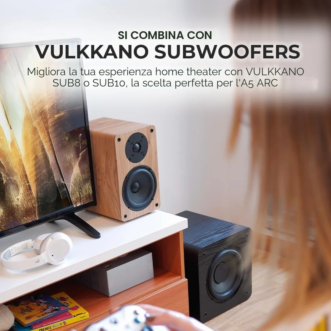 VULKKANO A5 ARC Cassa Amplificata Woofer 5,25" Bluetooth 5.0 HDMI ARC Nero