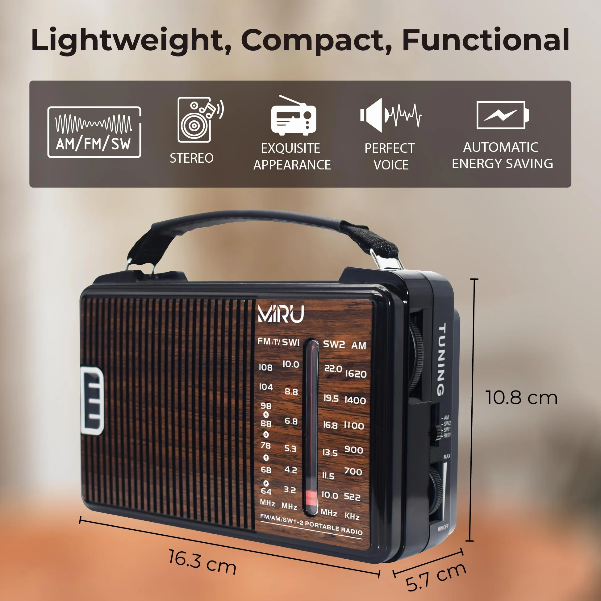 MIRU Radio Portatile AM/FM/SW SR-1021 con USB, Antenna Telescopica, 220V, Nero Legno