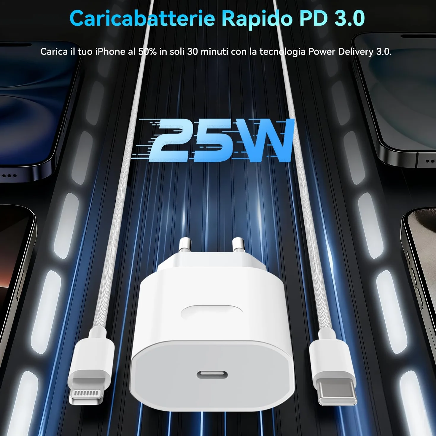 Apple MFi Certified 25W USB C Caricatore iPhone 14/13/12/11 Pro Max Plus Mini SE XR X XS 8 7 6 con Cavo Lightning 1m