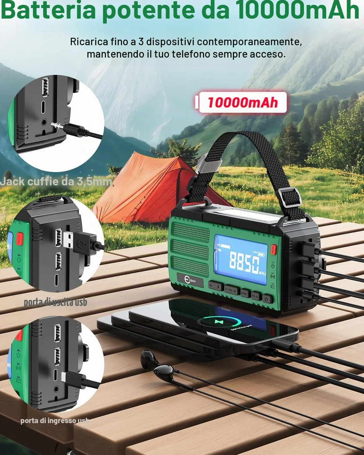 Esky 10000 mAh Radio Manovella AM/FM/NOAA Solare Portatile con Torcia, Bussola, Allarme SOS per Campeggio Emergenza