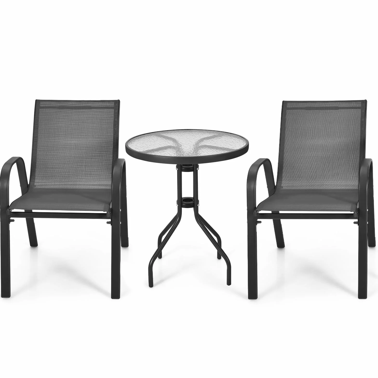 KOMFOTTEU Set da Bistrò in Tessuto Textilene, Set da Giardino in 3 Pezzi, Tavolo Rotondo in Vetro Portato 50 kg, Sedie Portate 150 kg, Set Tavolo e Sedie da Esterno, Patio, Cortile, Veranda (Nero)