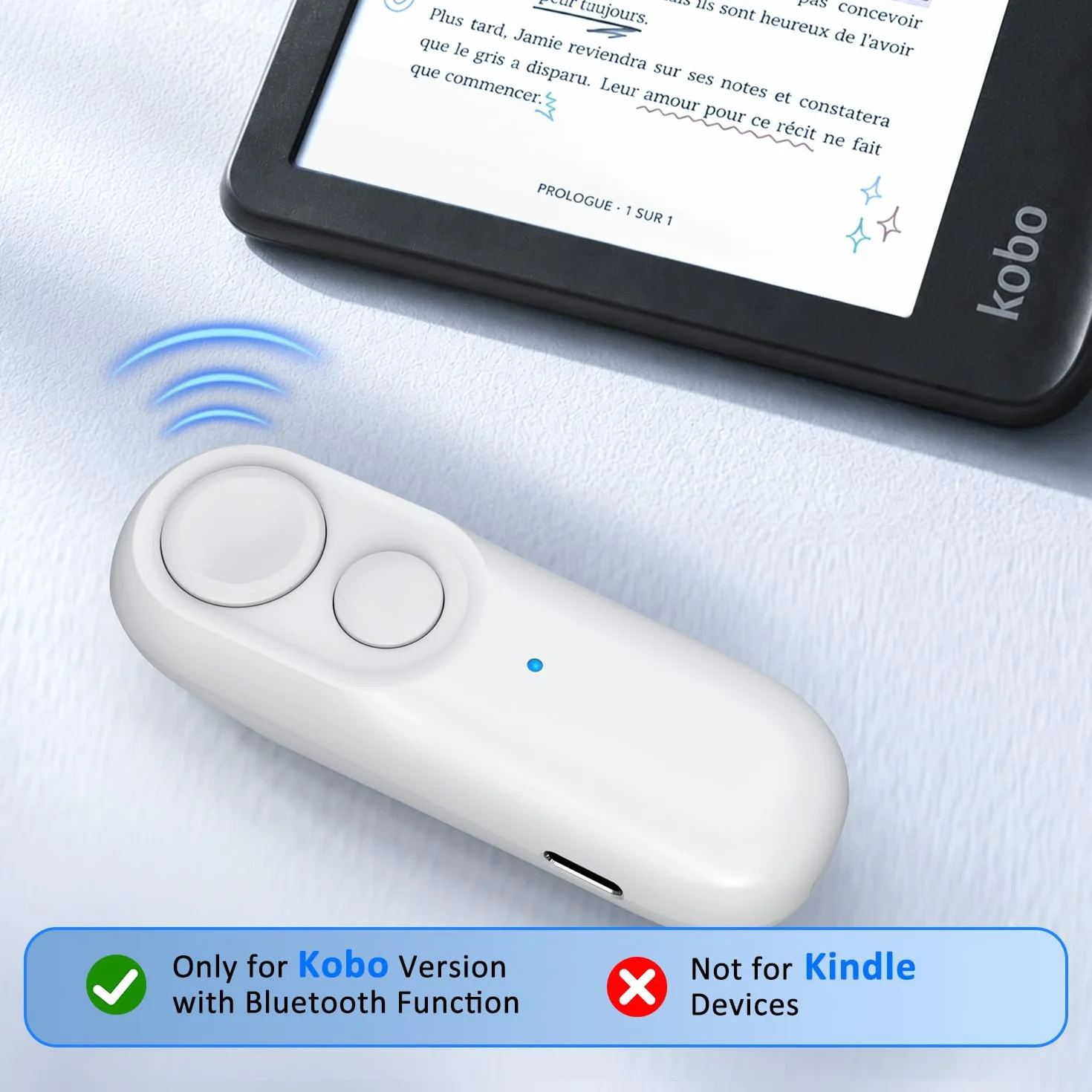 Telecomando Pagina Turner Bluetooth per Kobo Clara 2E/BW/Colour, Libra 2/Colour, Sage, Elipsa 2E, Bianco
