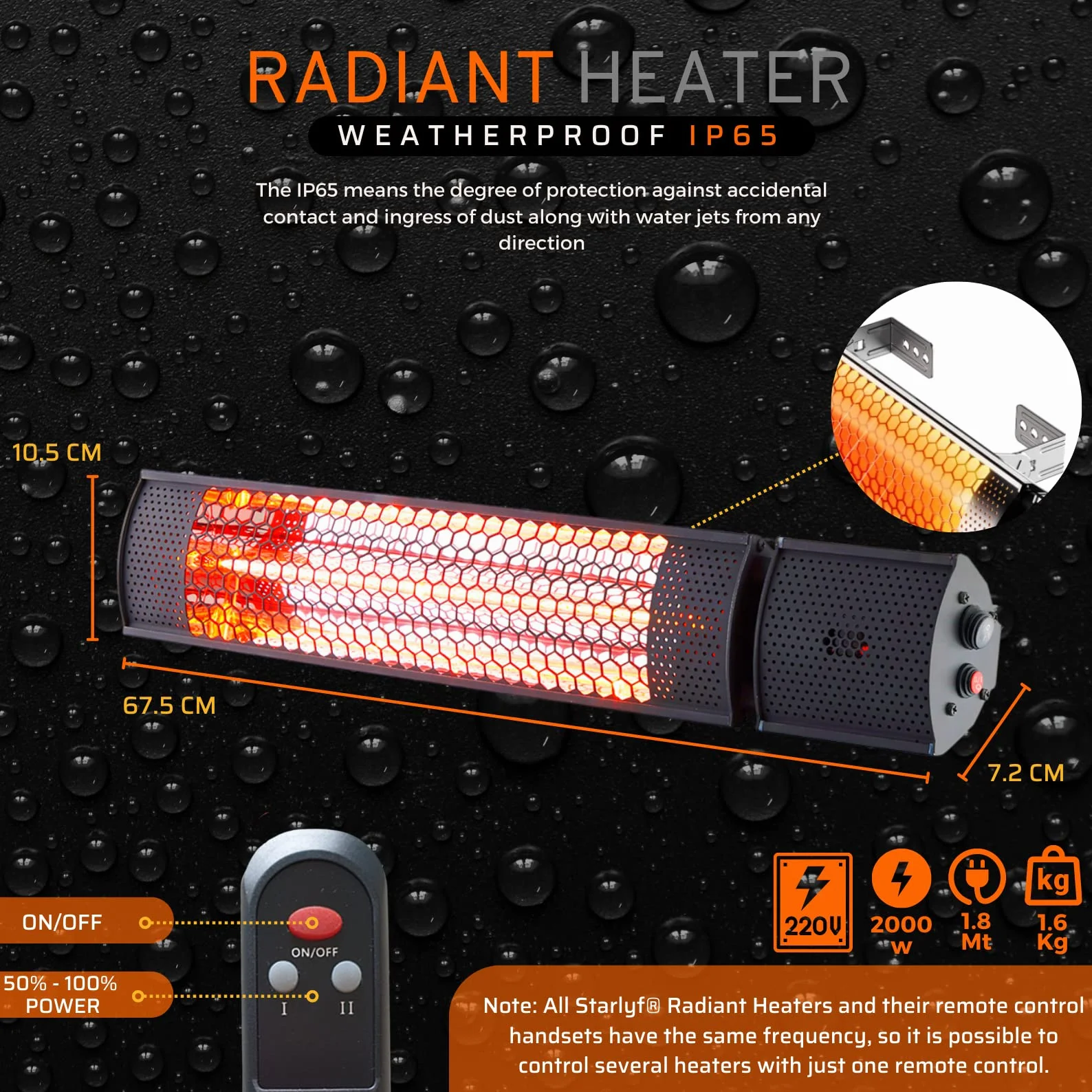 Stufa a Infrarossi 2000W STARLYF Riscaldatore Elettrico IP65 con Telecomando